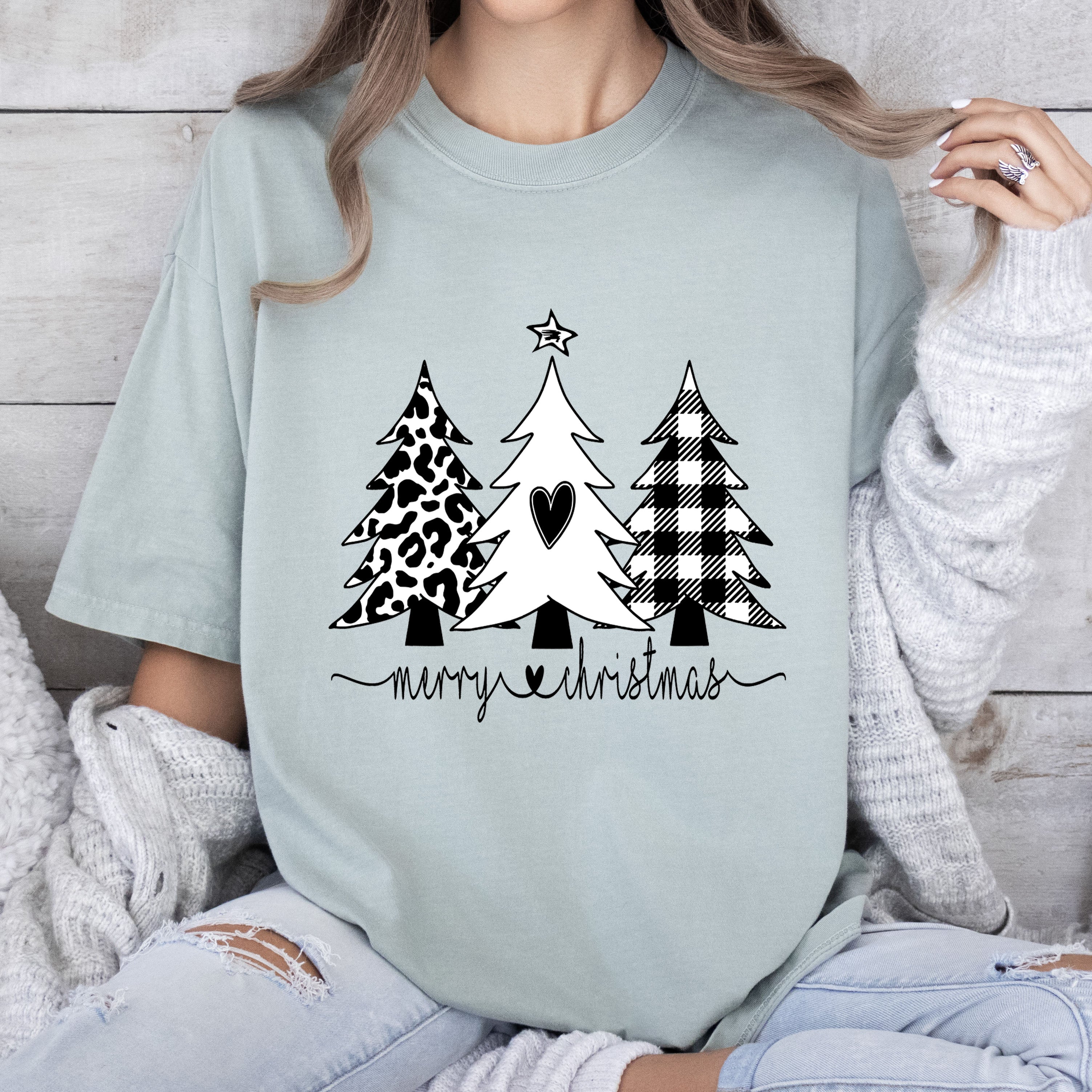 Merry Christmas Chic Trees Wintry Pine Holiday Scene Vintage Style Comfort Colors Tee