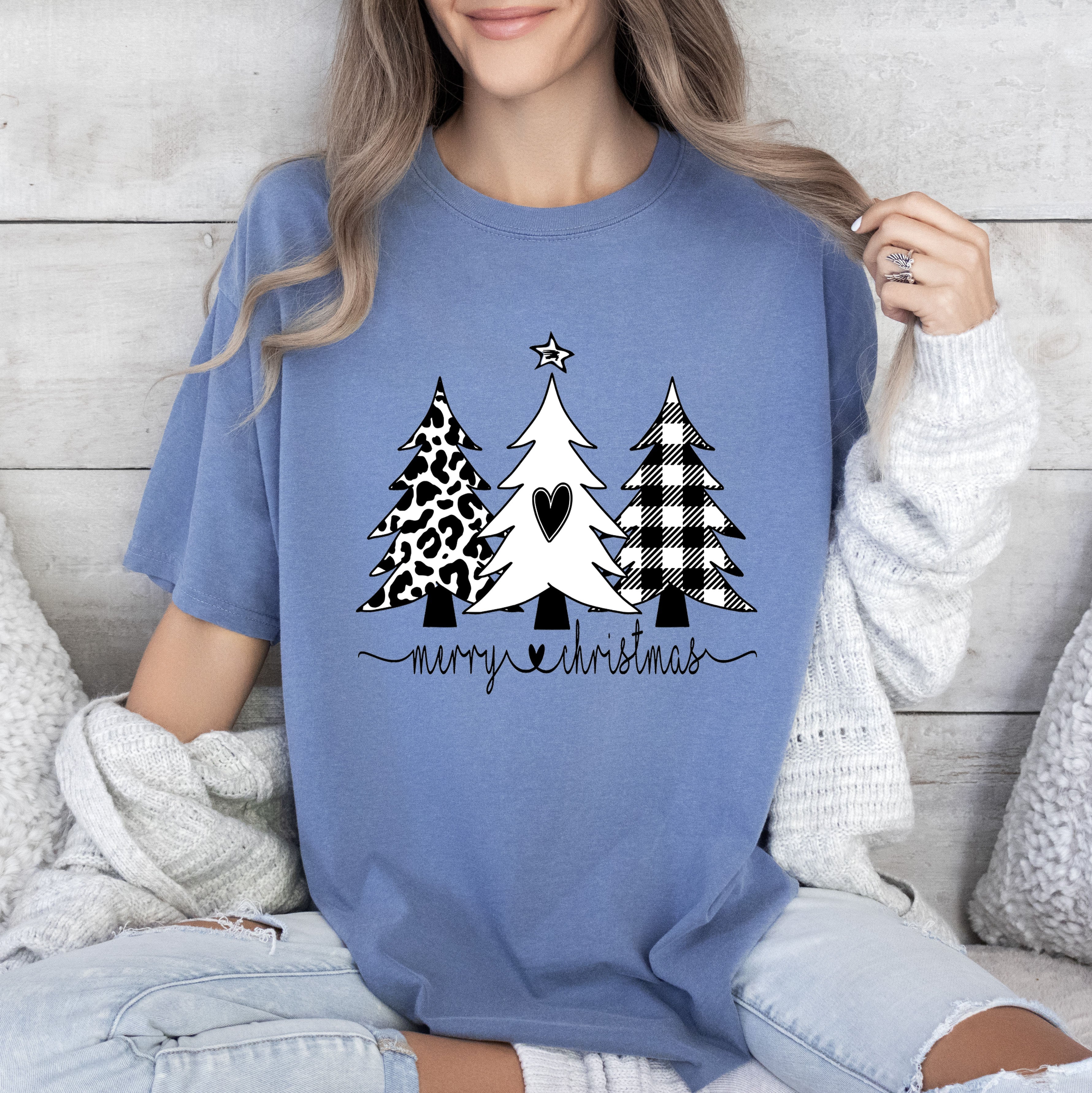 Merry Christmas Chic Trees Wintry Pine Holiday Scene Vintage Style Comfort Colors Tee