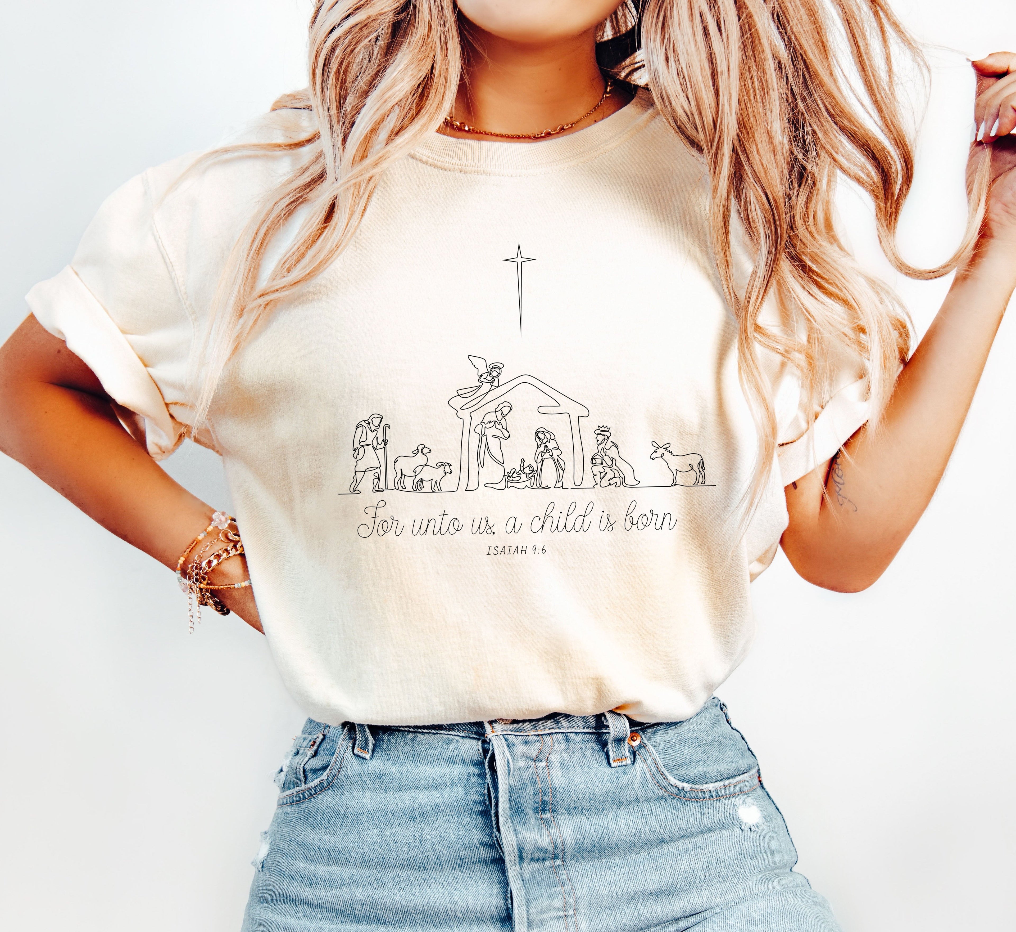 For Onto Us Vintage Nativity Christmas Graphic Artwork Holiday Edition Comfort Colors Tee