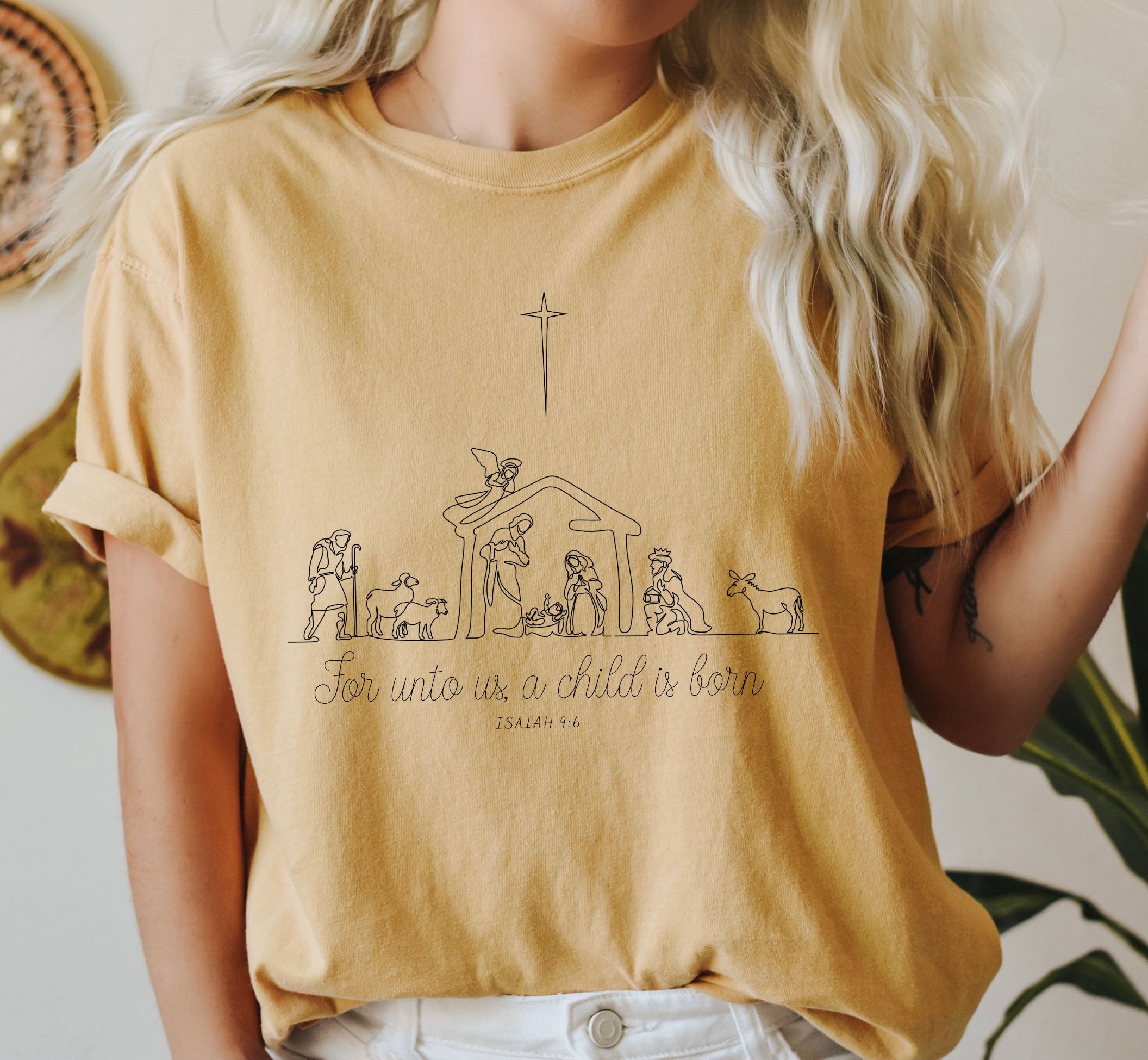 For Onto Us Vintage Nativity Christmas Graphic Artwork Holiday Edition Comfort Colors Tee