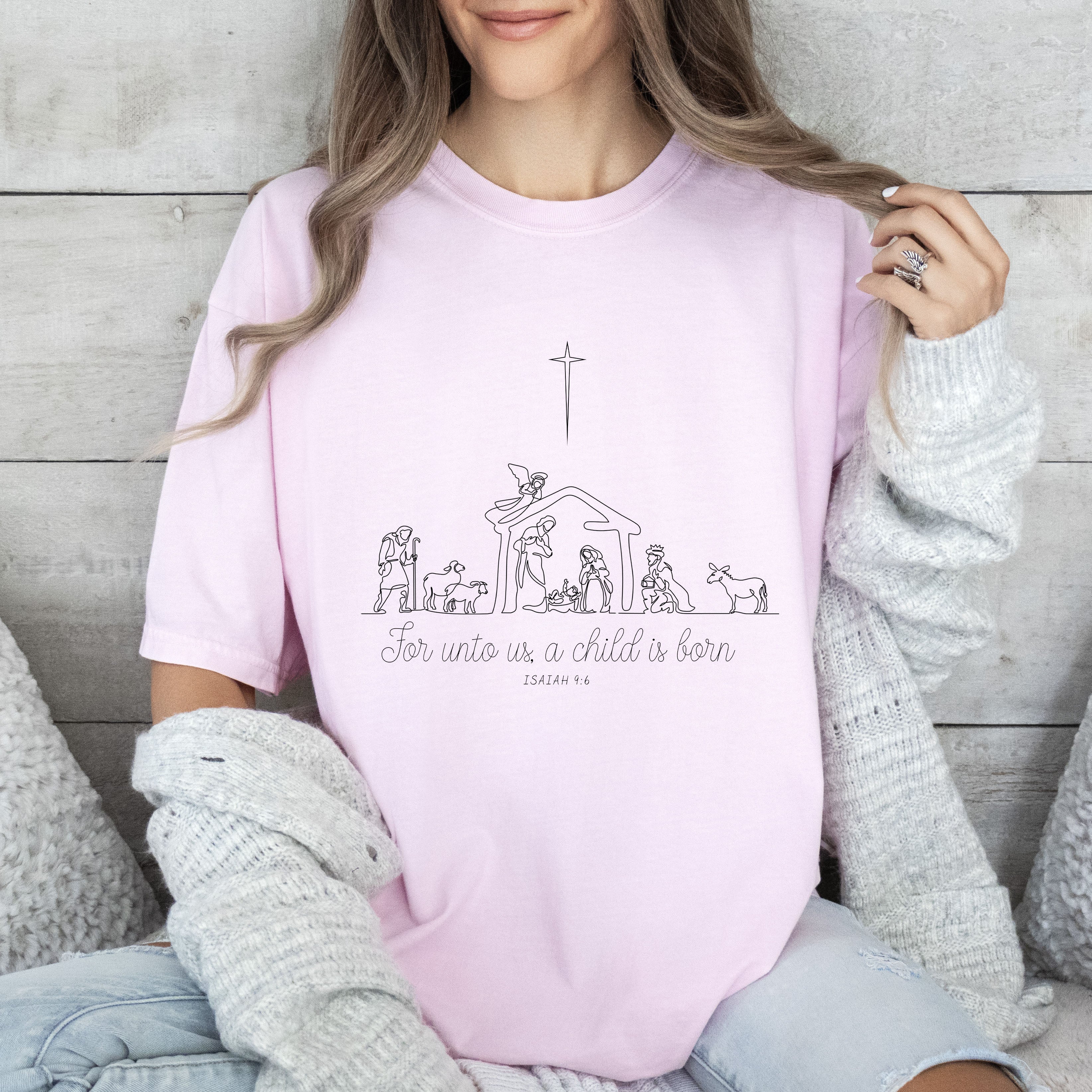 For Onto Us Vintage Nativity Christmas Graphic Artwork Holiday Edition Comfort Colors Tee