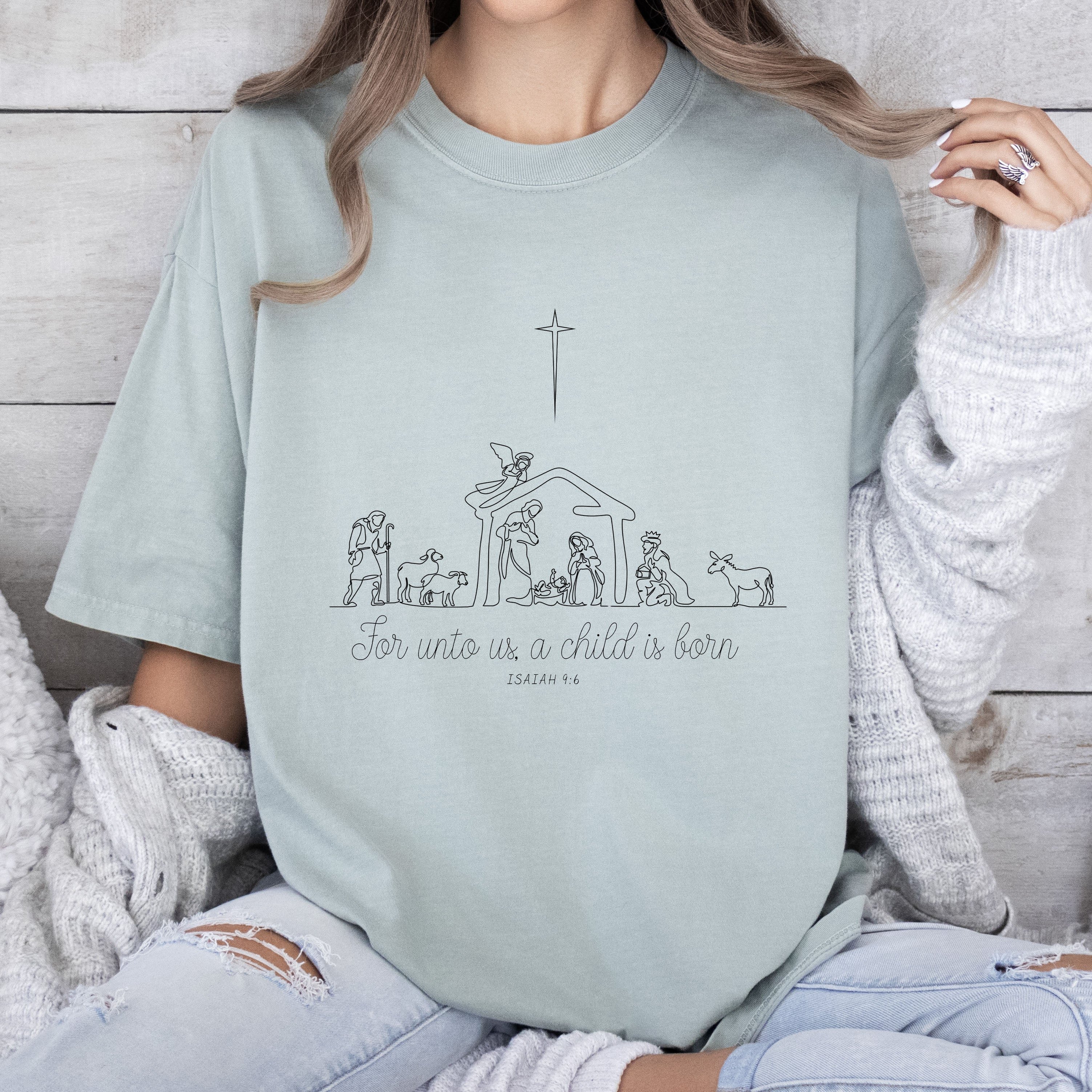 For Onto Us Vintage Nativity Christmas Graphic Artwork Holiday Edition Comfort Colors Tee