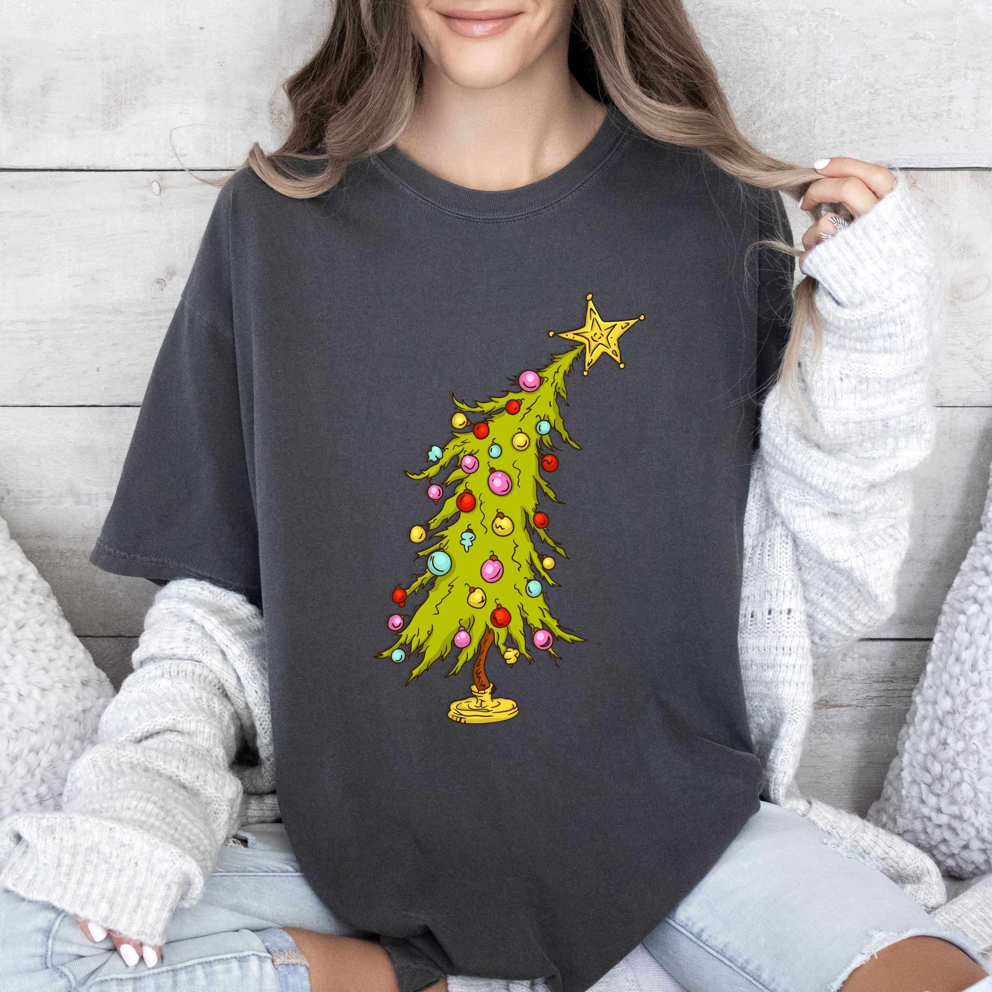 Retro Crooked Tree Vintage Christmas Ornament Scene With Cozy Seasonal Vibes And Nostalgic Warmth Comfort Colors Tee