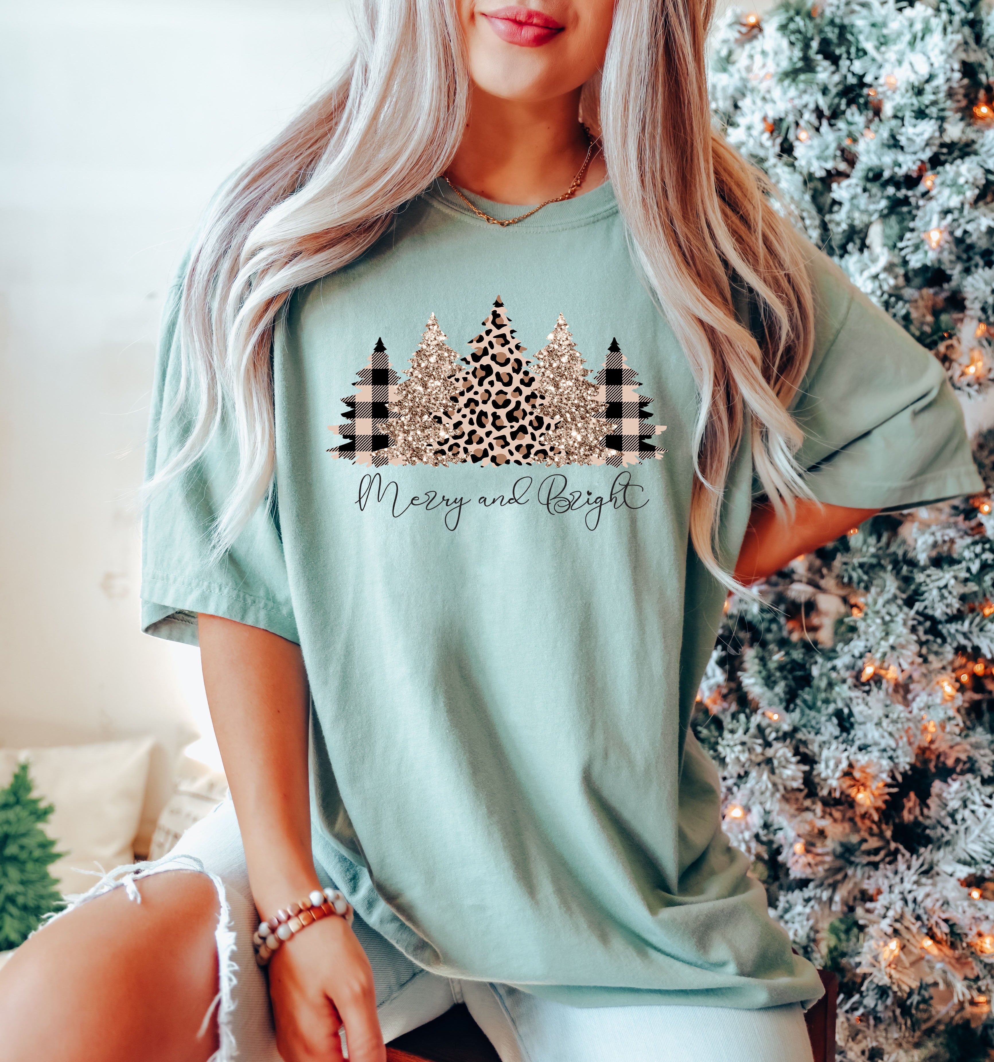 Merry And Bright Leopard Trees Vintage Christmas Cozy Festive Holiday Scene Comfort Colors Tee