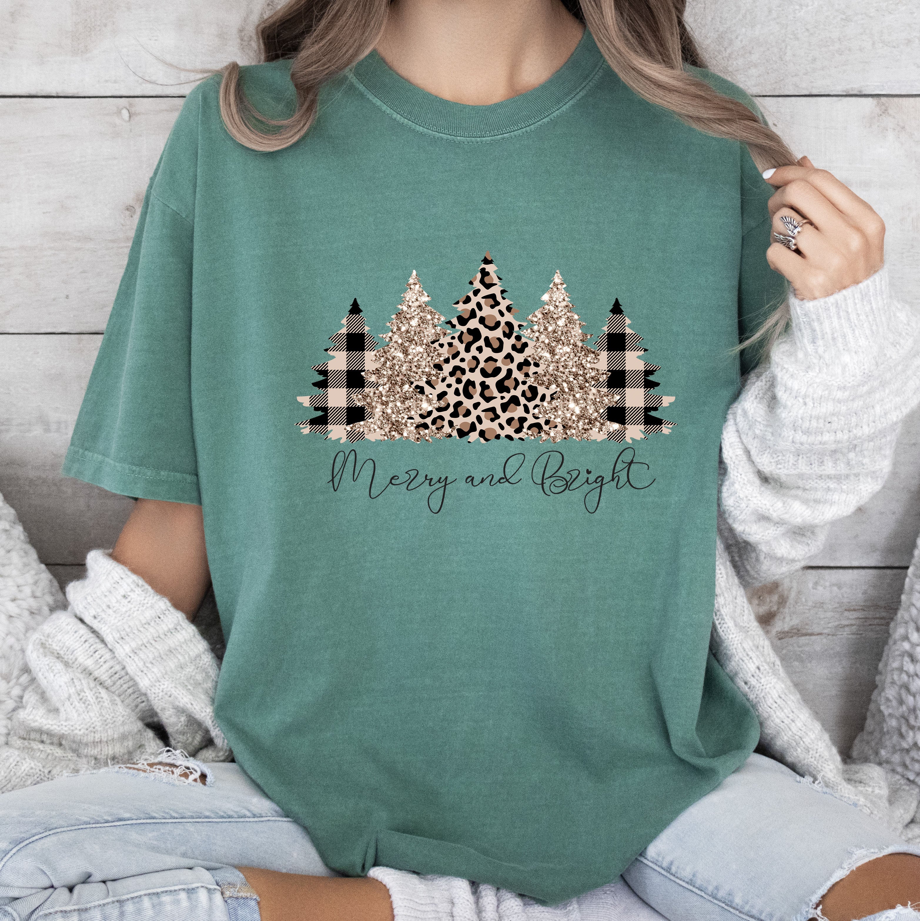 Merry And Bright Leopard Trees Vintage Christmas Cozy Festive Holiday Scene Comfort Colors Tee