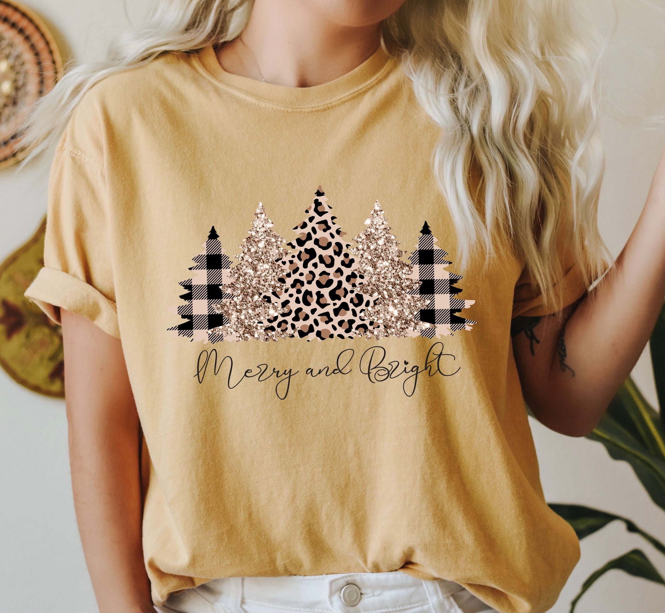 Merry And Bright Leopard Trees Vintage Christmas Cozy Festive Holiday Scene Comfort Colors Tee