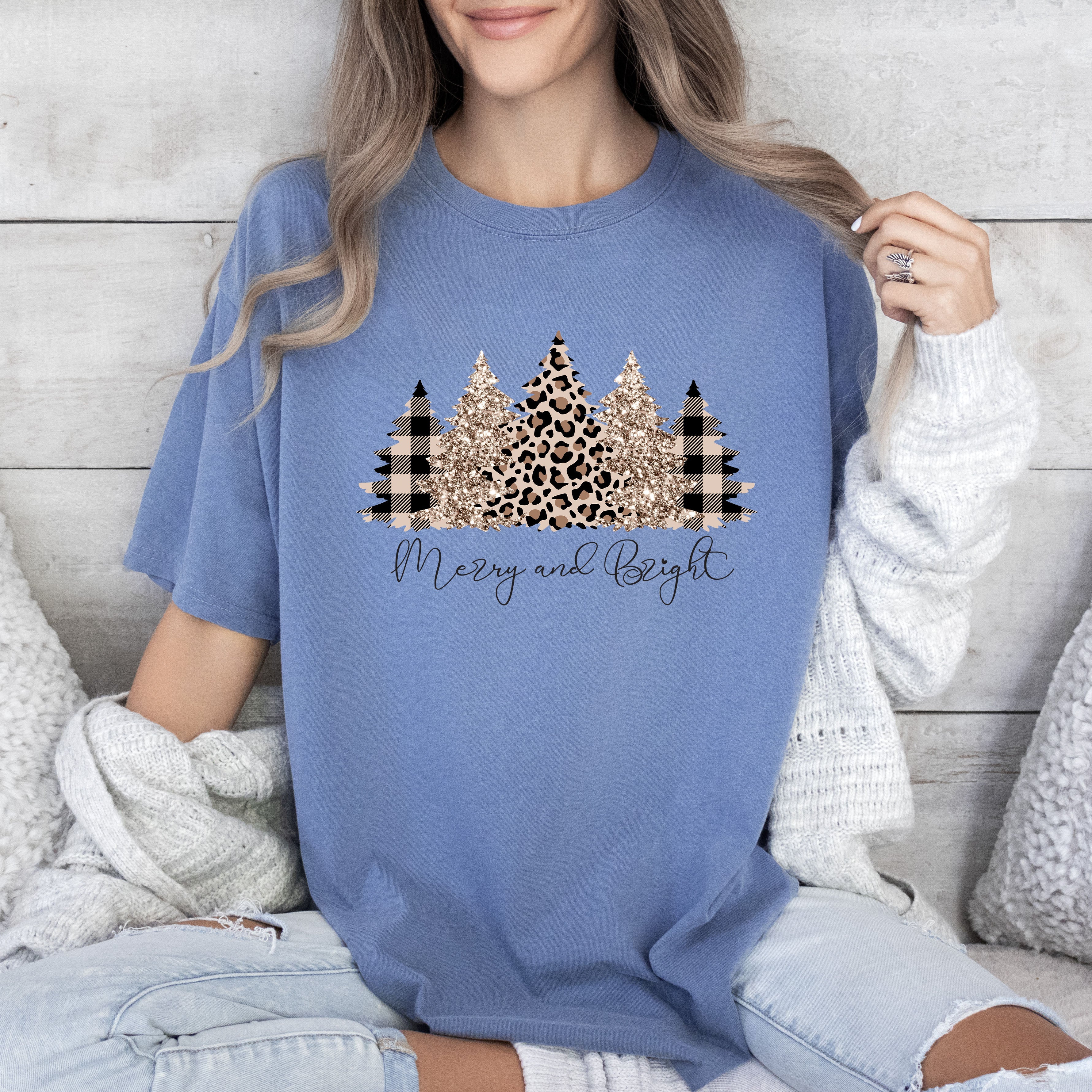 Merry And Bright Leopard Trees Vintage Christmas Cozy Festive Holiday Scene Comfort Colors Tee