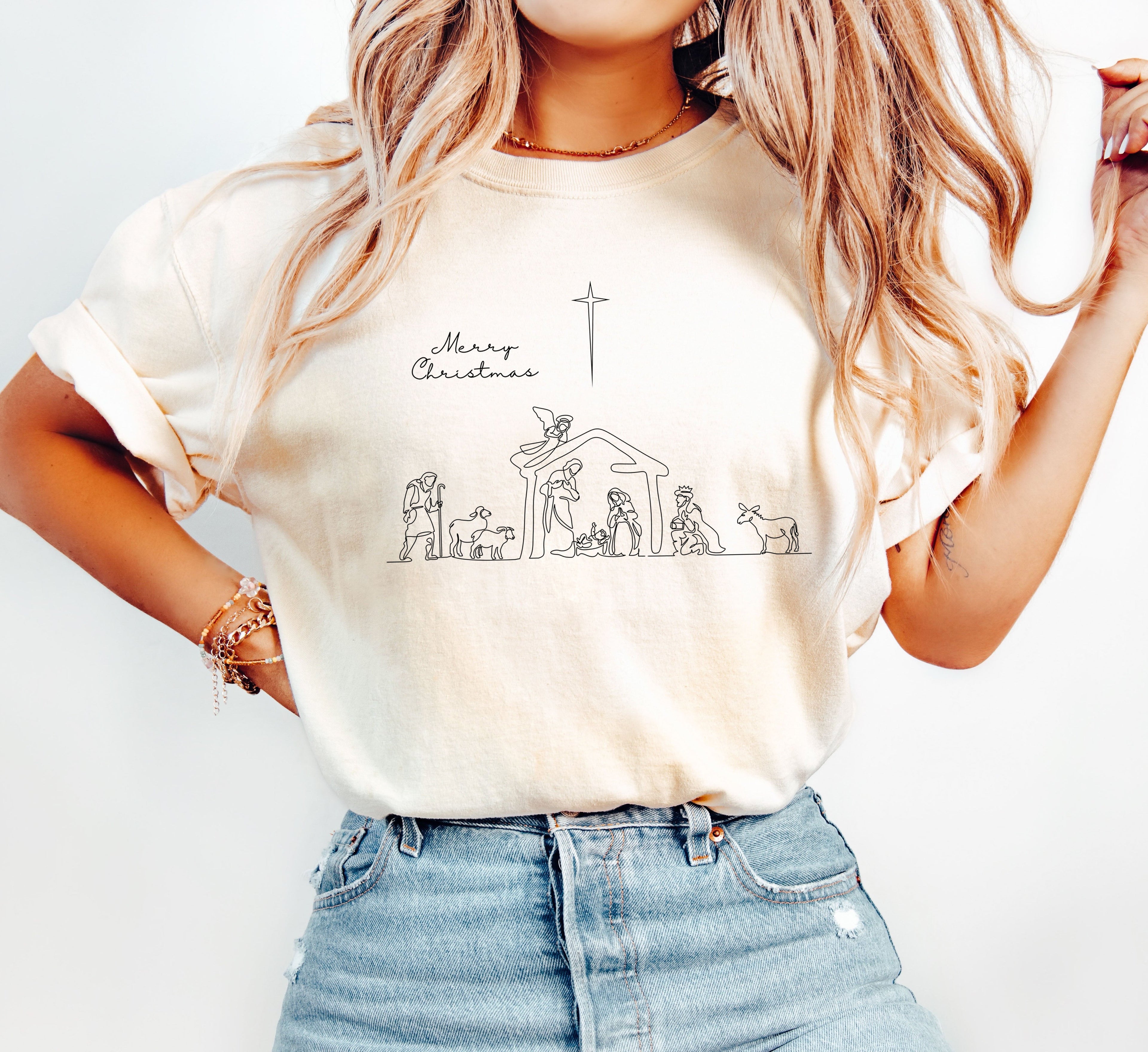 Merry Christmas Nativity Scene With Mary Joseph And Baby Jesus Classic Vintage Style Comfort Colors Tee