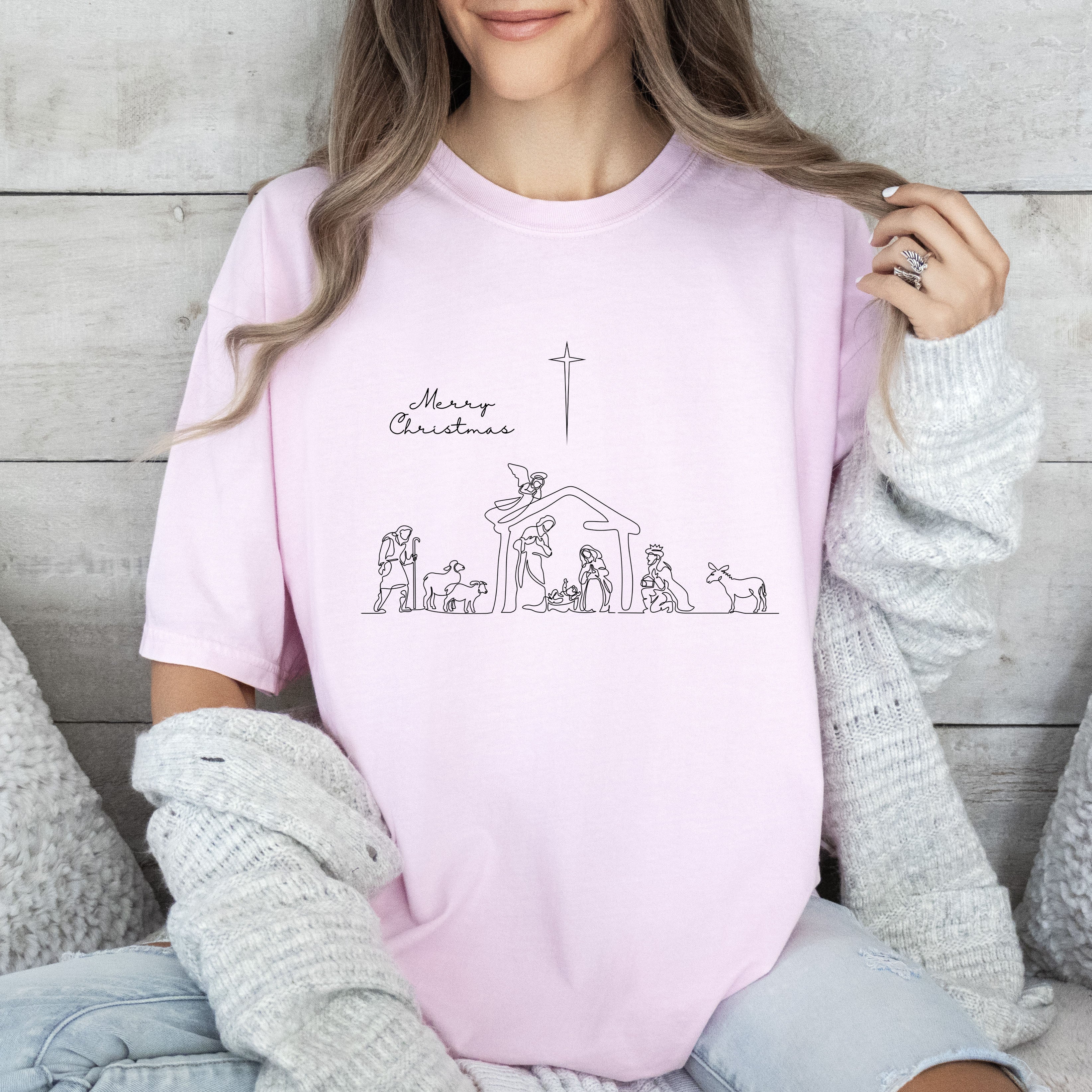 Merry Christmas Nativity Scene With Mary Joseph And Baby Jesus Classic Vintage Style Comfort Colors Tee