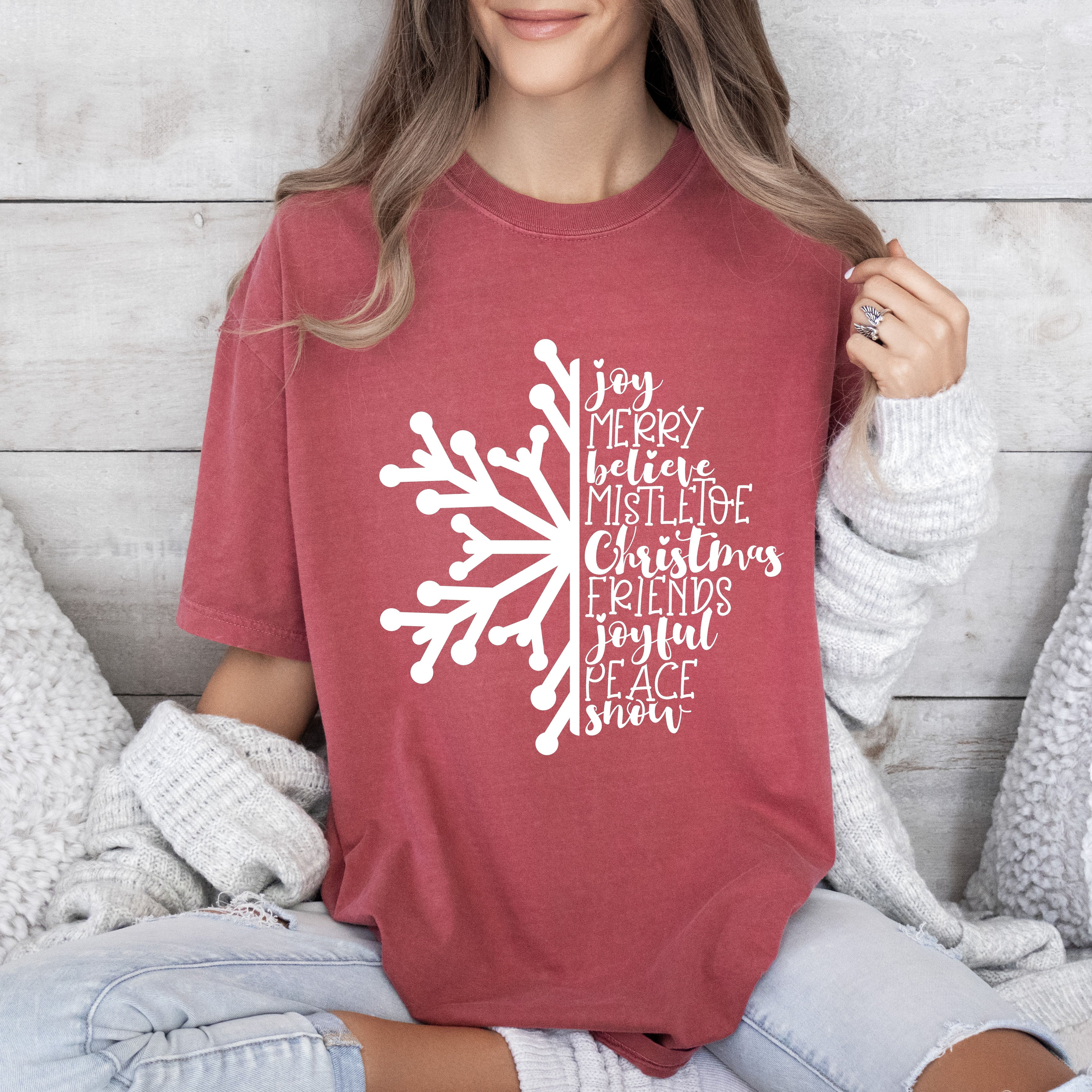 Joy Merry Believe Snowflake Vintage Christmas Holiday Cheer Collection Comfort Colors Tee