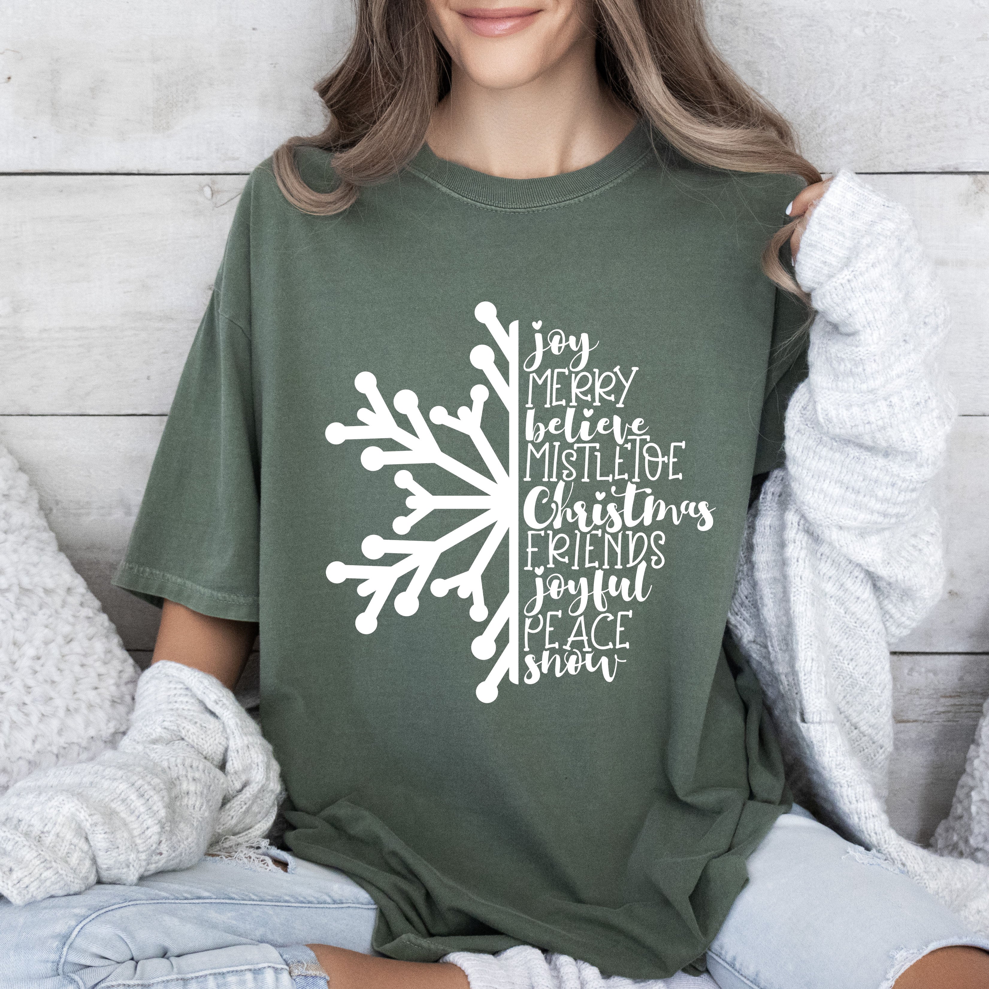 Joy Merry Believe Snowflake Vintage Christmas Holiday Cheer Collection Comfort Colors Tee