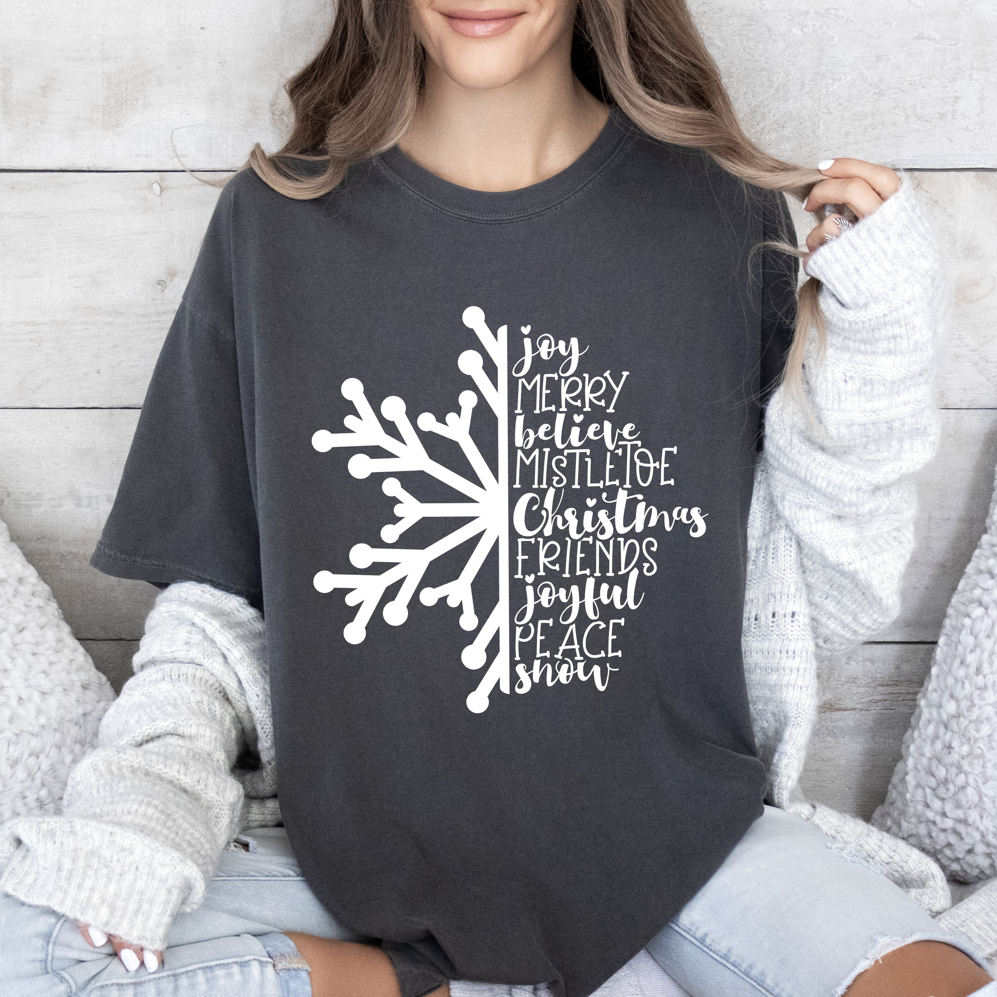 Joy Merry Believe Snowflake Vintage Christmas Holiday Cheer Collection Comfort Colors Tee