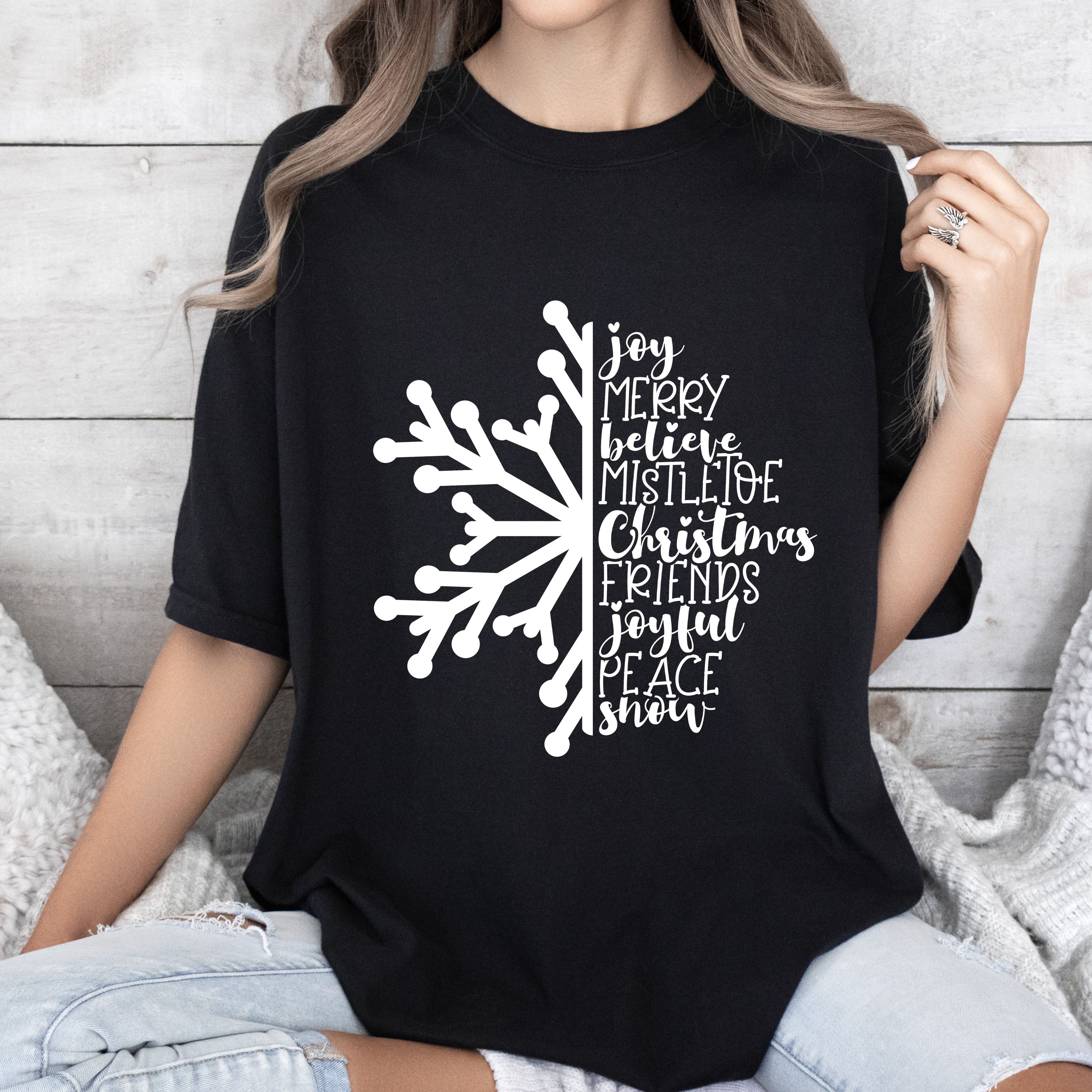 Joy Merry Believe Snowflake Vintage Christmas Holiday Cheer Collection Comfort Colors Tee