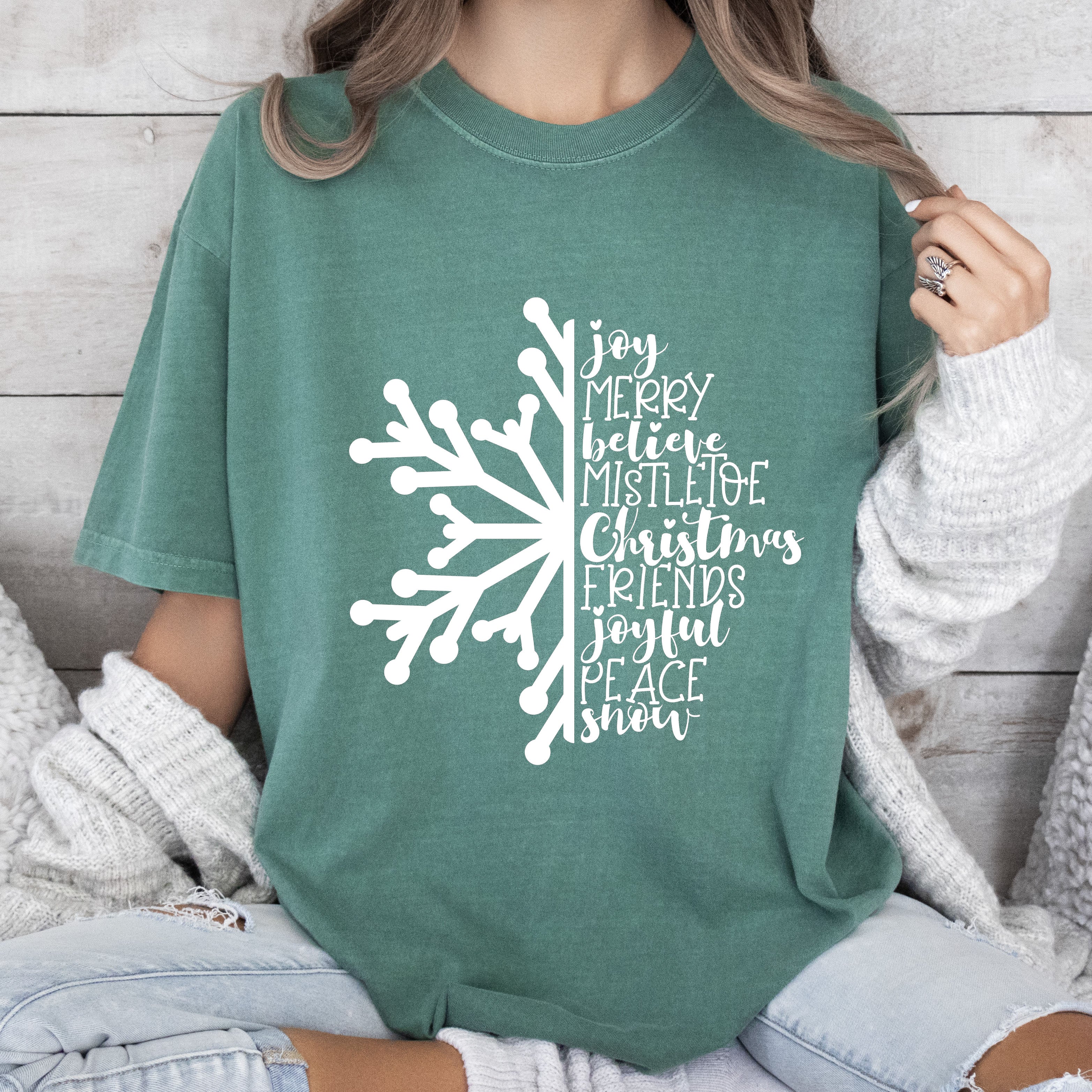 Joy Merry Believe Snowflake Vintage Christmas Holiday Cheer Collection Comfort Colors Tee