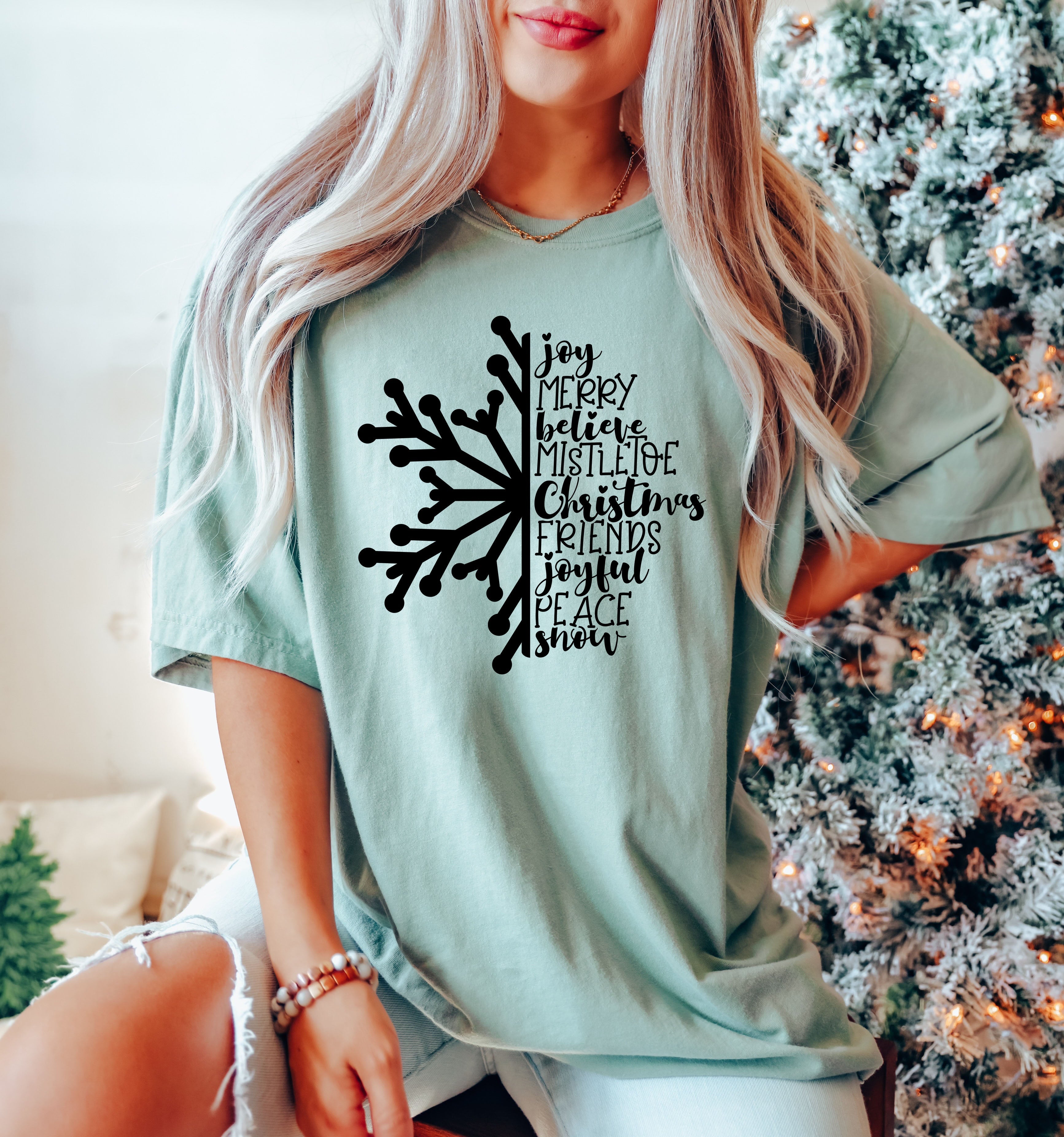 Joy Merry Believe Chic Snowflake Vintage Christmas Cozy Holiday Collection Comfort Colors Tee