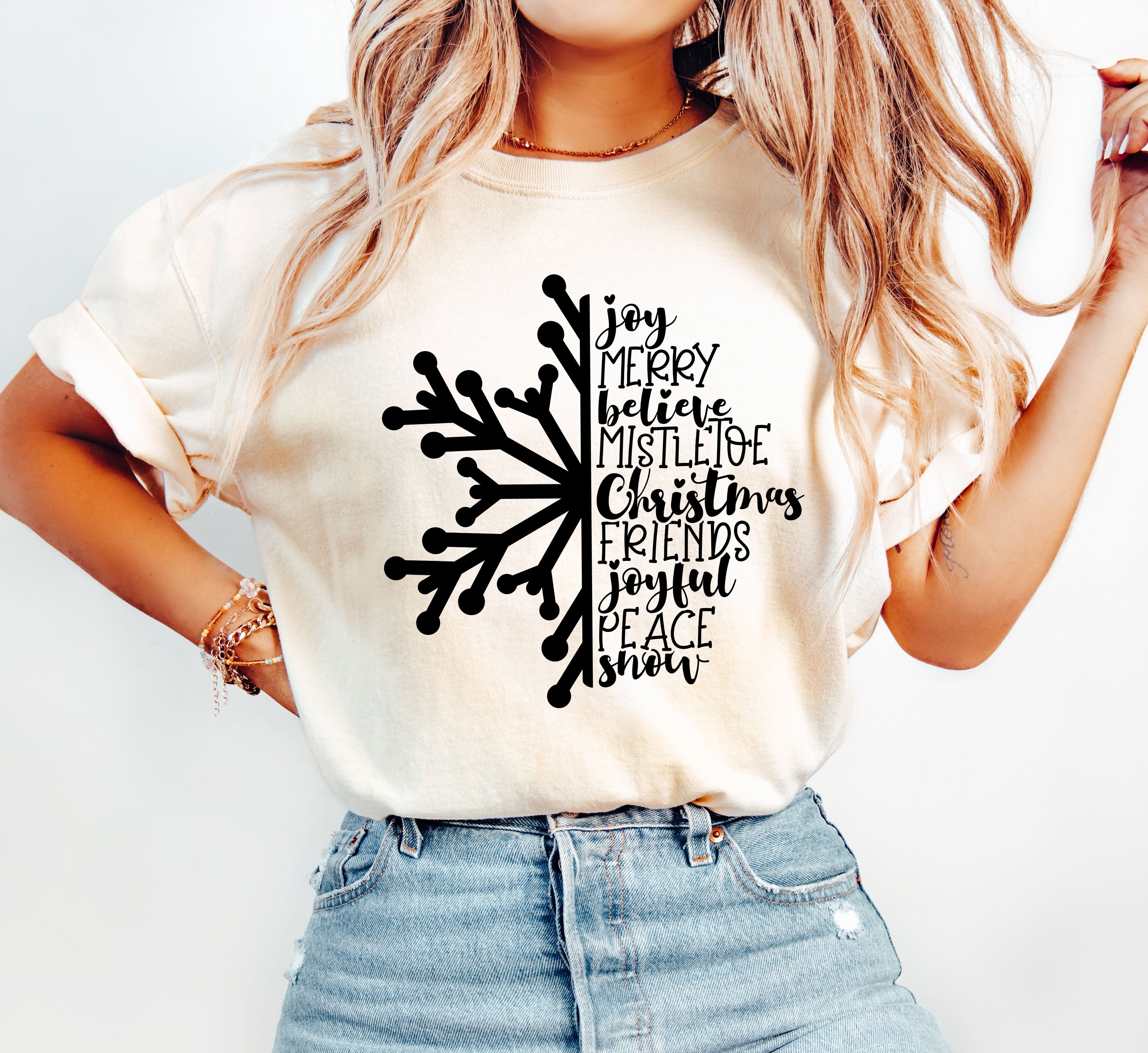 Joy Merry Believe Chic Snowflake Vintage Christmas Cozy Holiday Collection Comfort Colors Tee