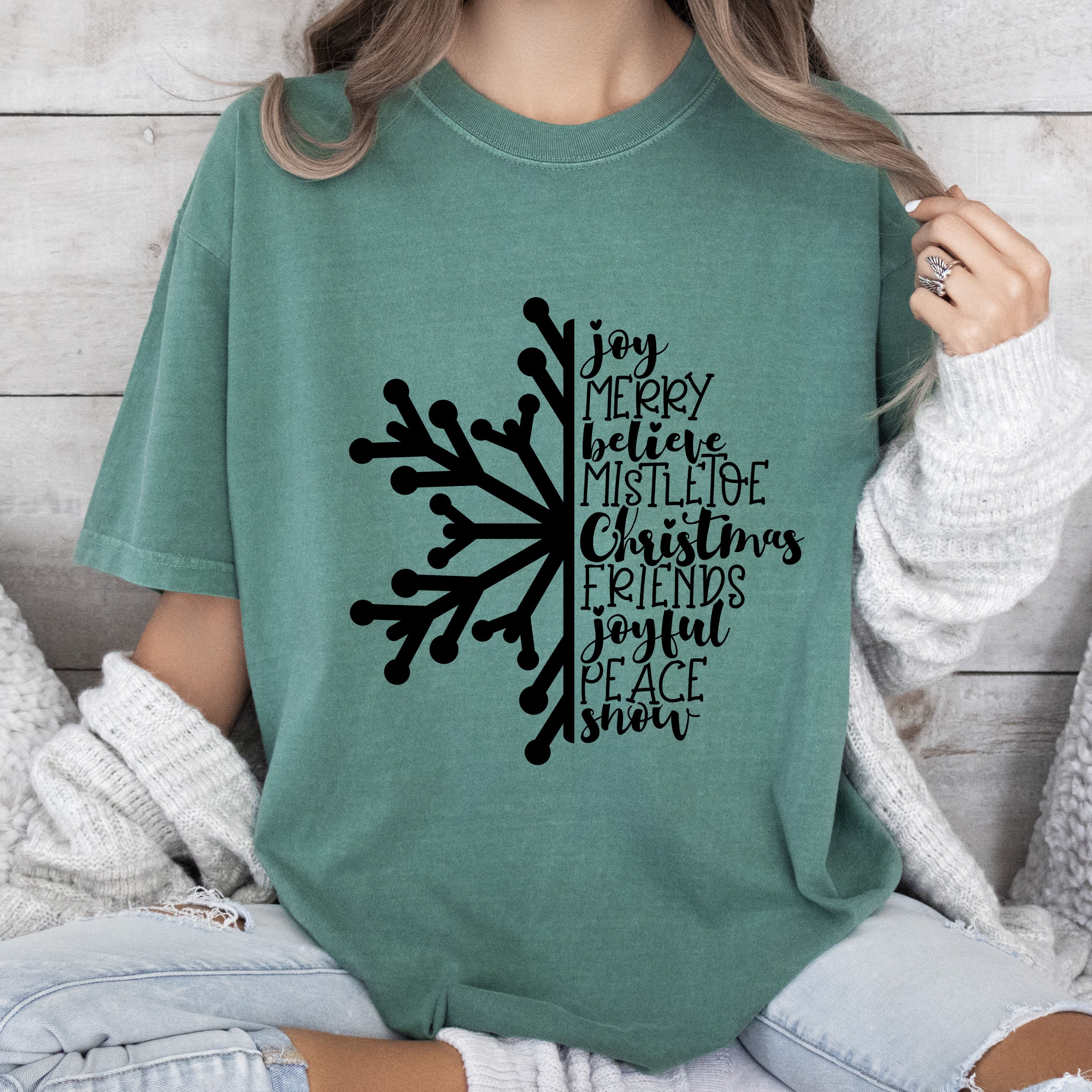 Joy Merry Believe Chic Snowflake Vintage Christmas Cozy Holiday Collection Comfort Colors Tee