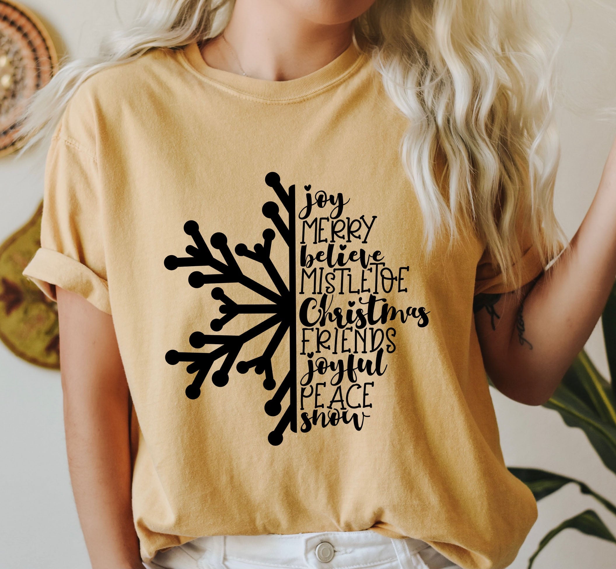 Joy Merry Believe Chic Snowflake Vintage Christmas Cozy Holiday Collection Comfort Colors Tee