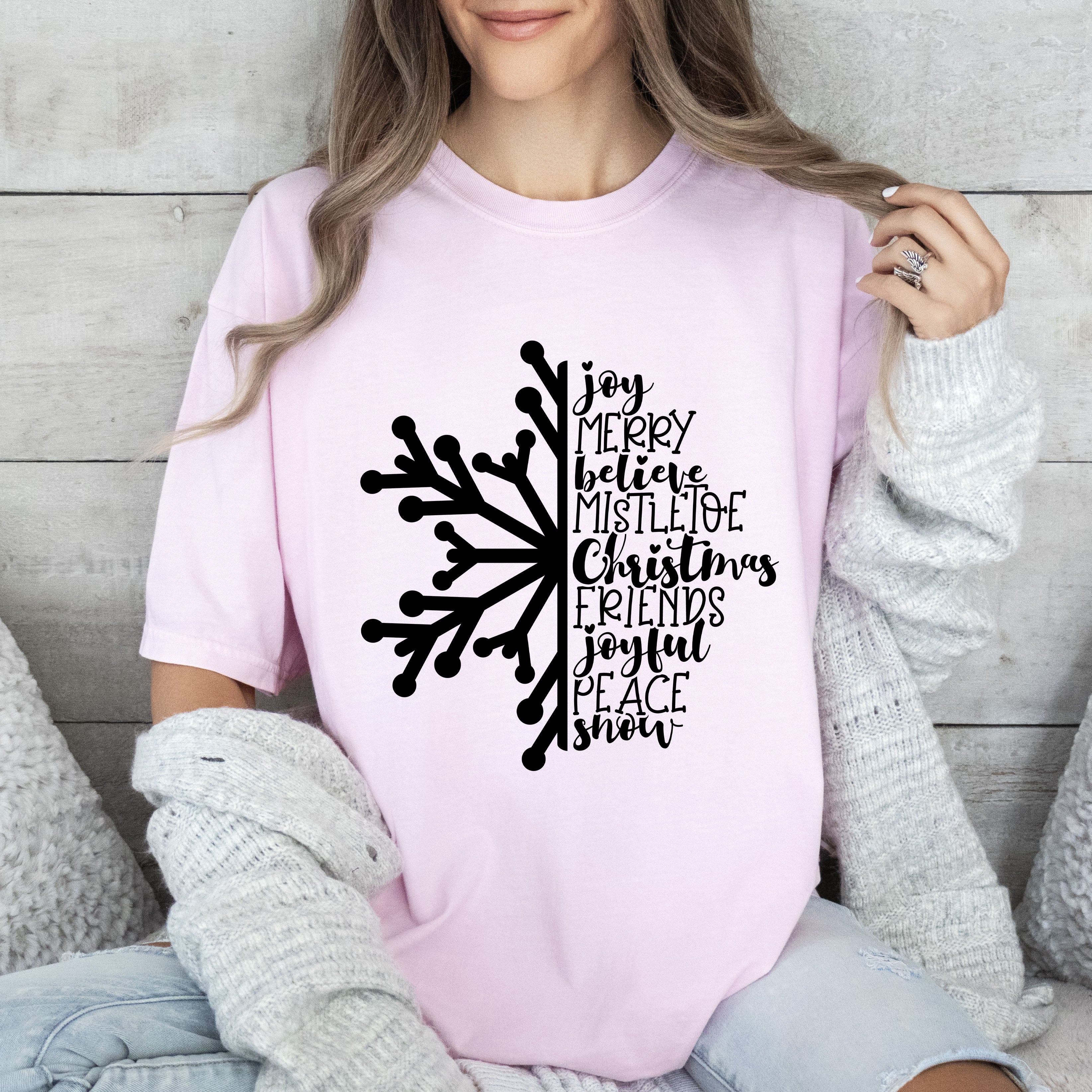 Joy Merry Believe Chic Snowflake Vintage Christmas Cozy Holiday Collection Comfort Colors Tee