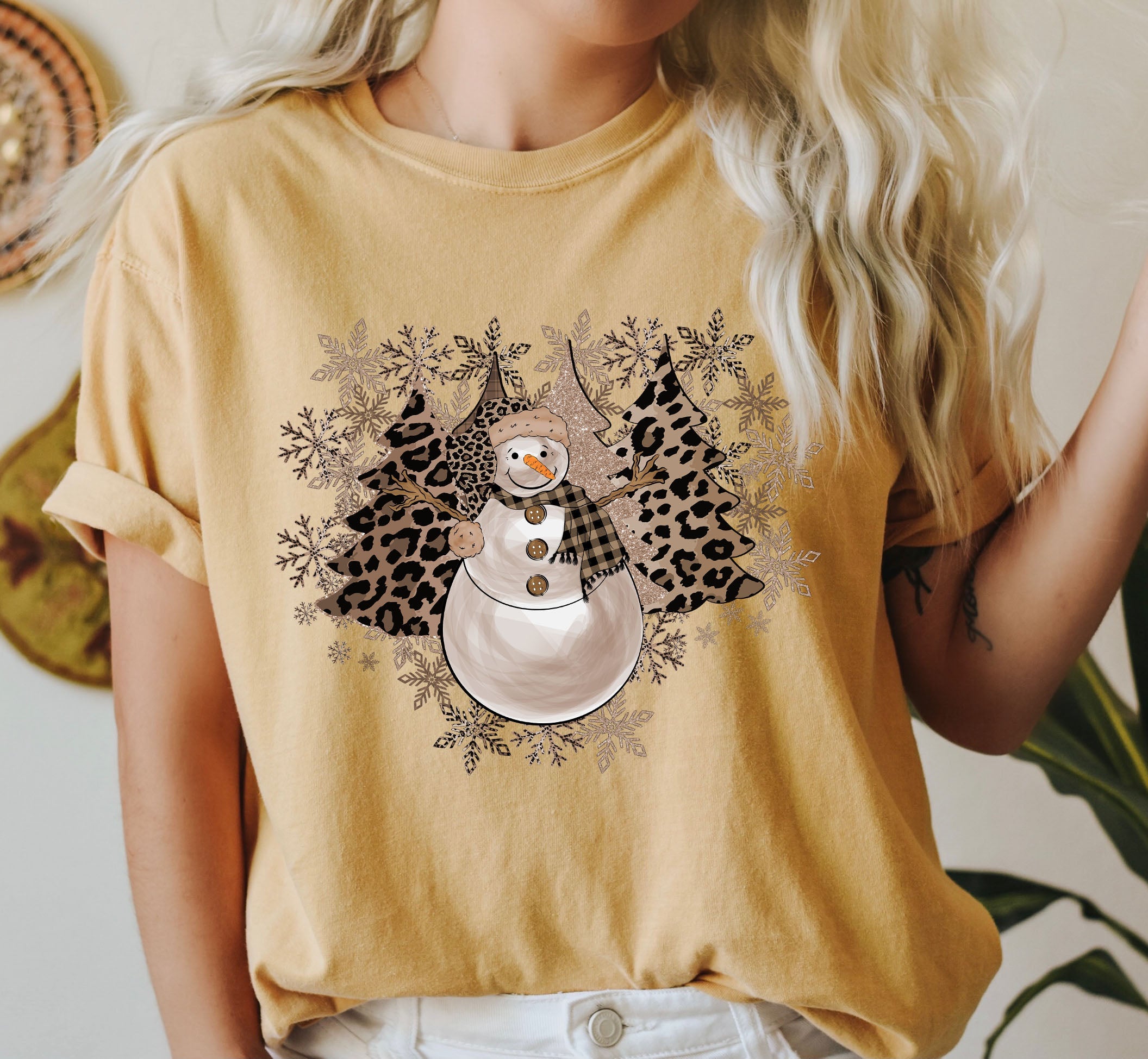 Leopard Trees and Snowman Vintage Christmas Night Scene With Cozy Woodland Charm Comfort Colors Tee