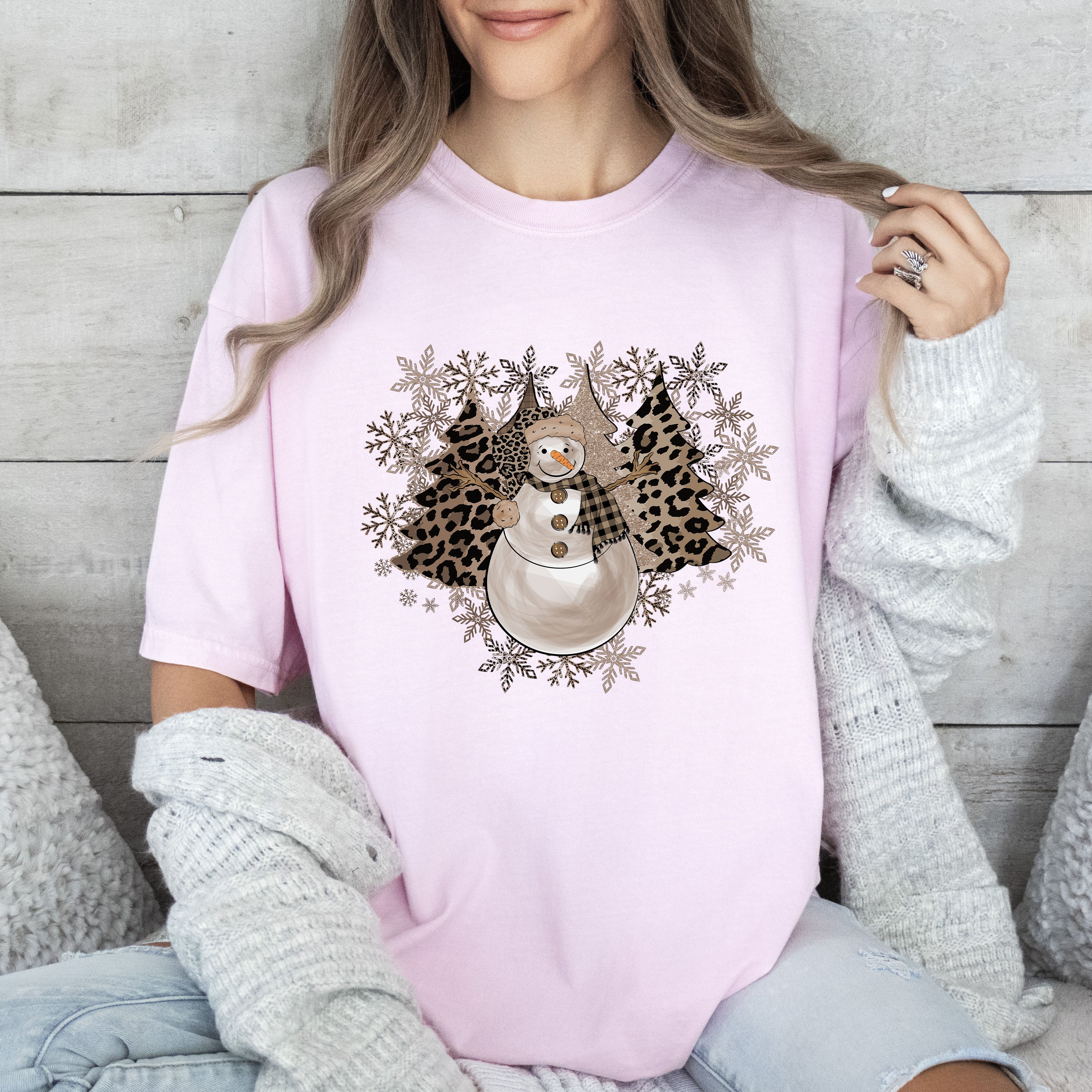 Leopard Trees and Snowman Vintage Christmas Night Scene With Cozy Woodland Charm Comfort Colors Tee