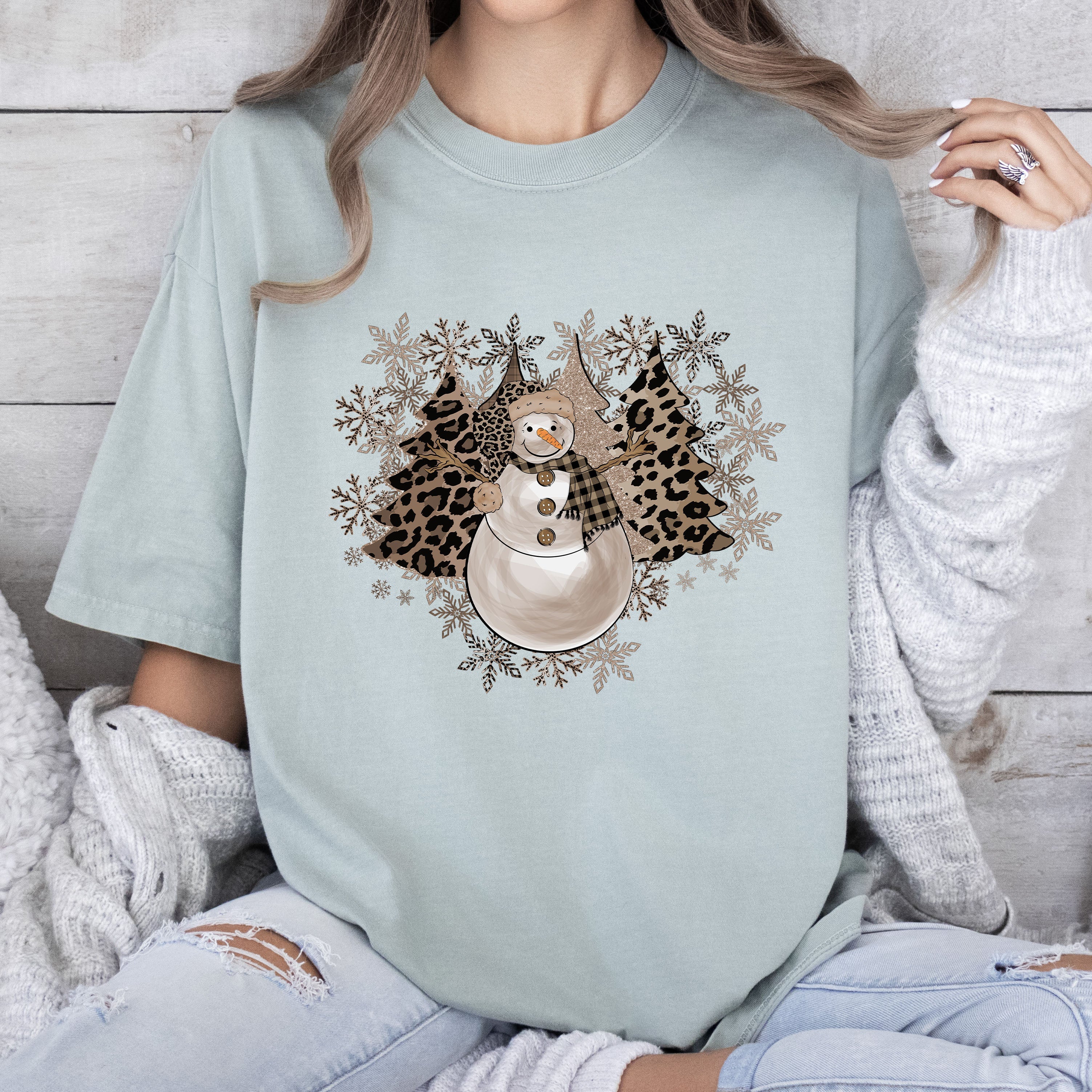 Leopard Trees and Snowman Vintage Christmas Night Scene With Cozy Woodland Charm Comfort Colors Tee
