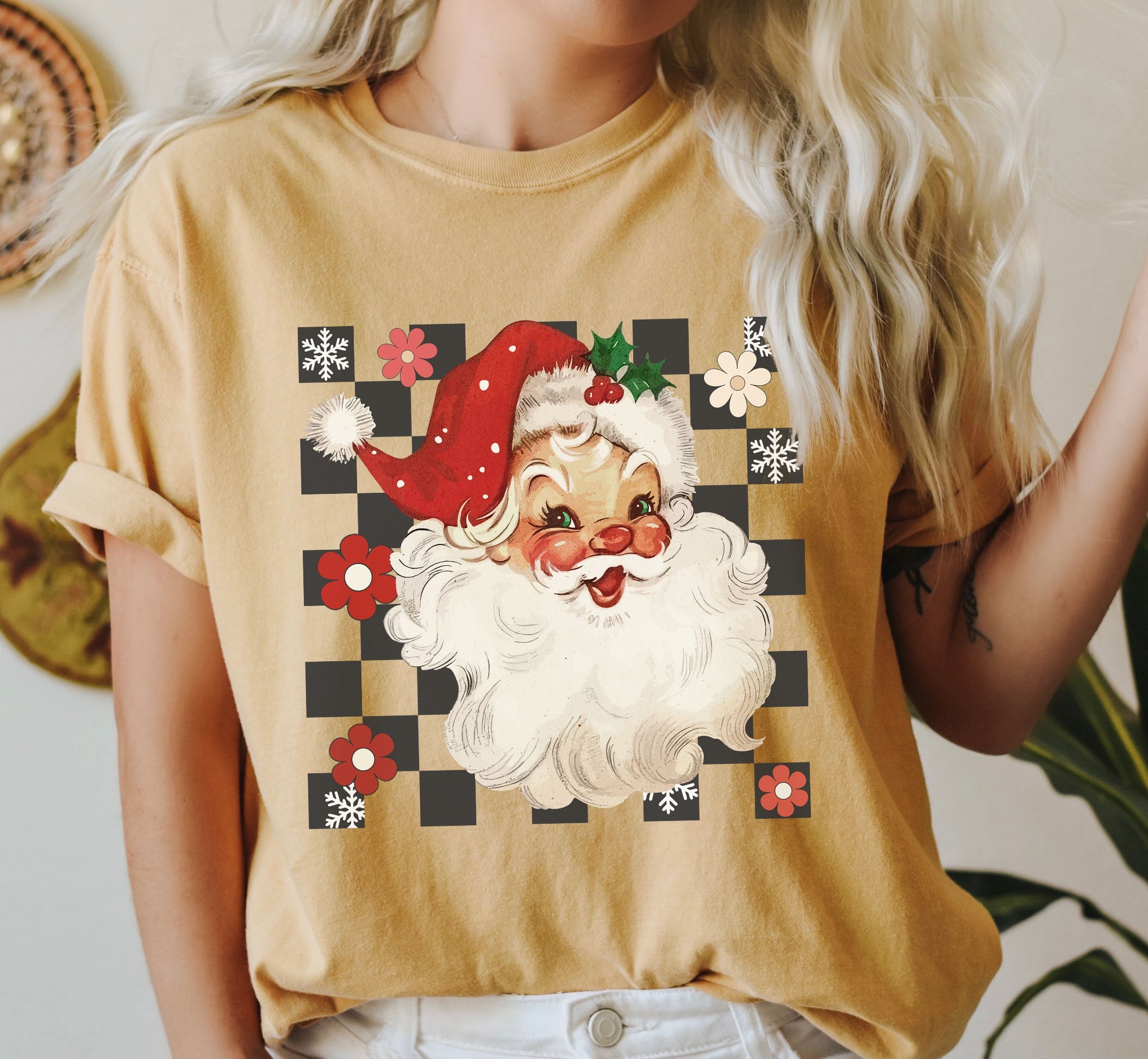 Retro Plaid Santa Christmas Classic Vintage Holiday Cheer Timeless Seasonal Heritage Comfort Colors Tee