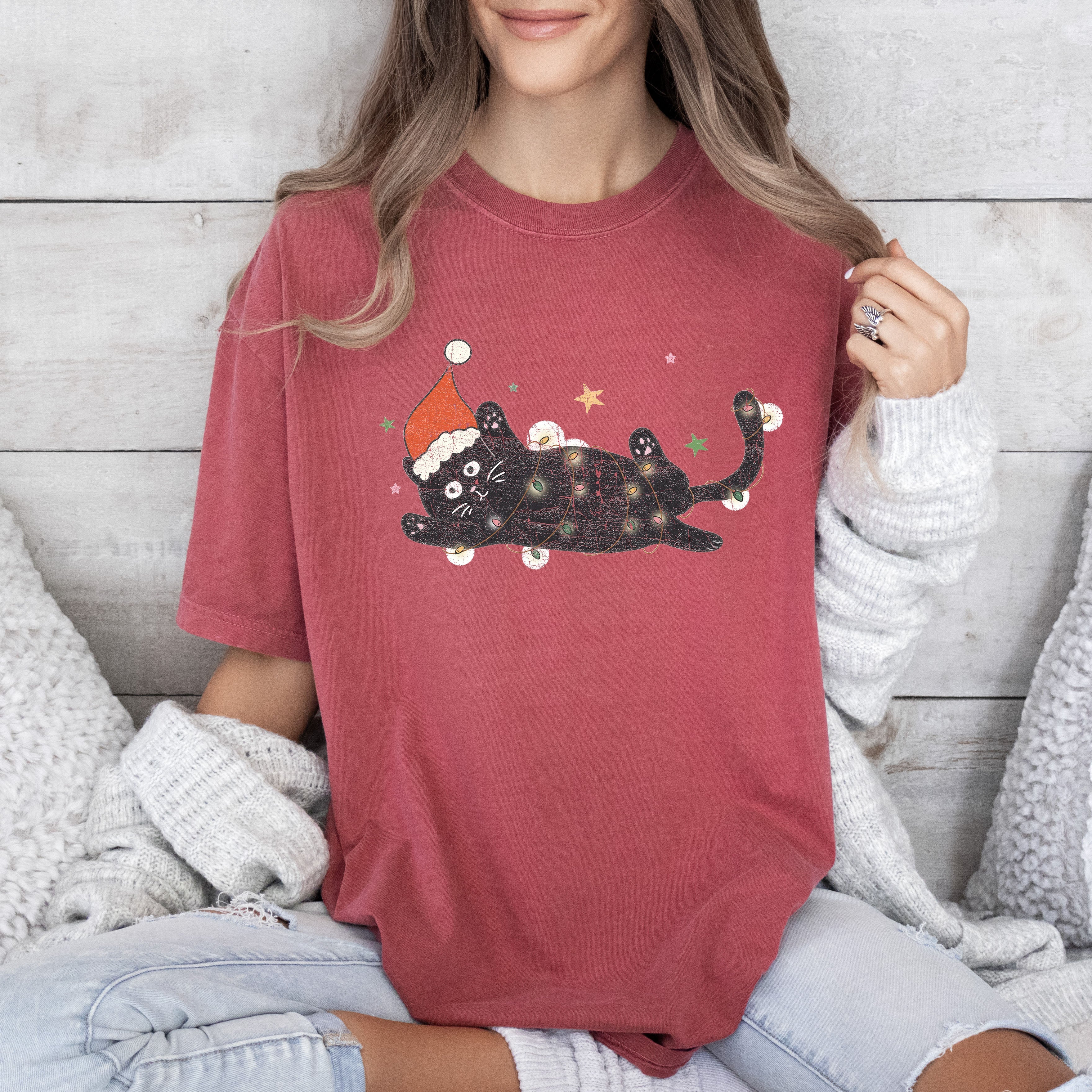Tangled Black Cat Vintage Christmas Cat Illustration For Cat Lovers Limited Edition Holiday Graphic Comfort Colors Tee