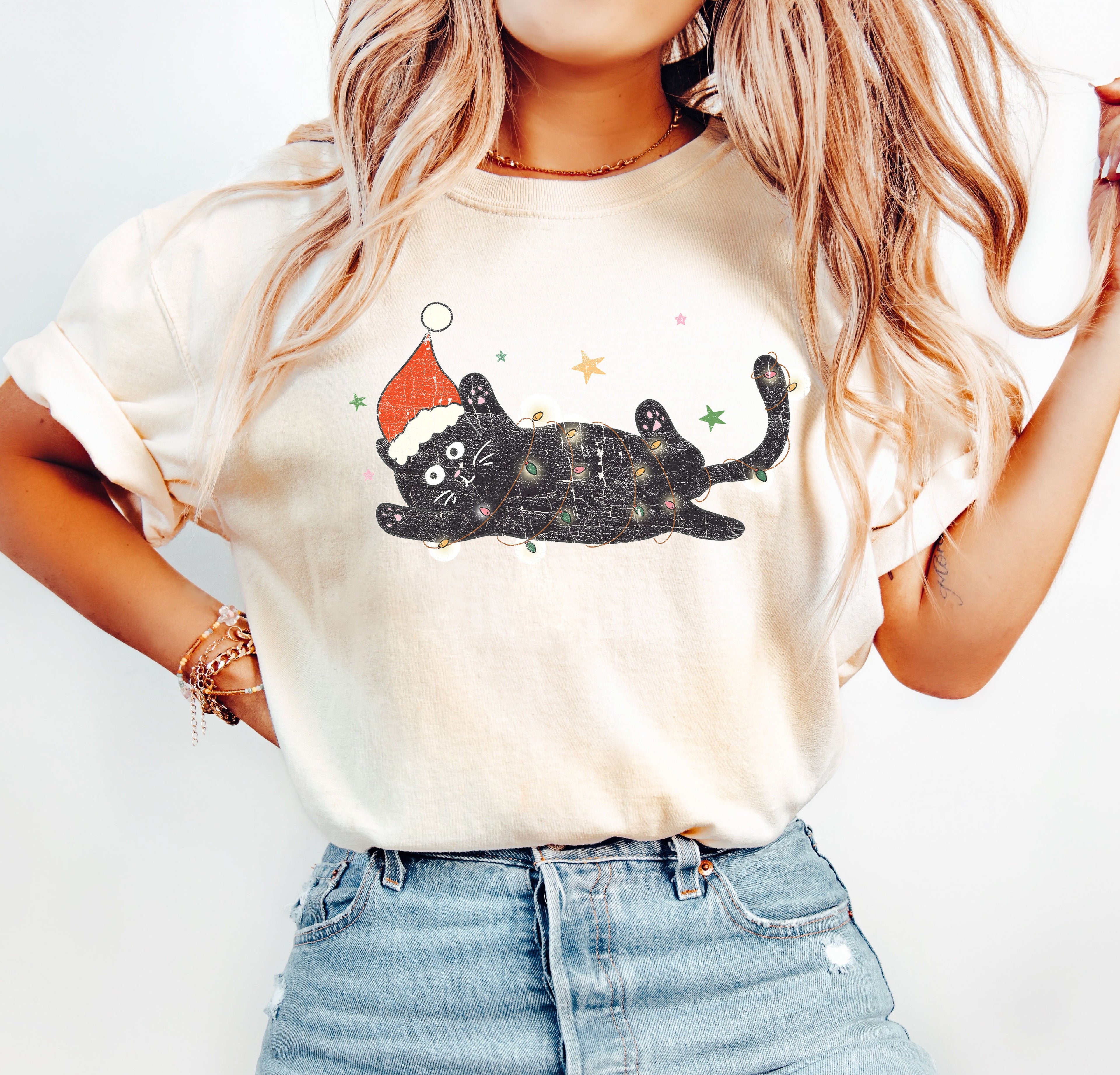 Tangled Black Cat Vintage Christmas Cat Illustration For Cat Lovers Limited Edition Holiday Graphic Comfort Colors Tee
