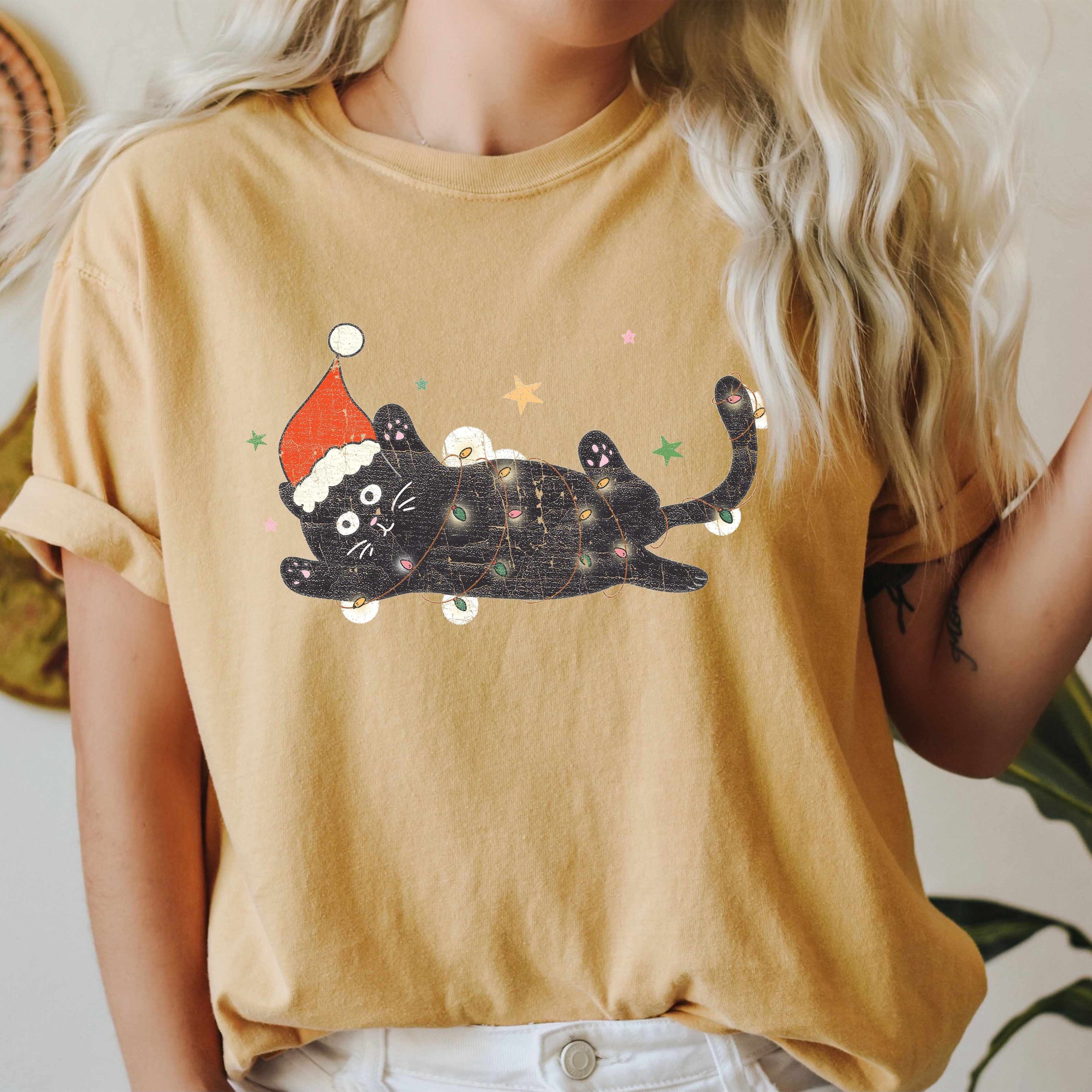 Tangled Black Cat Vintage Christmas Cat Illustration For Cat Lovers Limited Edition Holiday Graphic Comfort Colors Tee