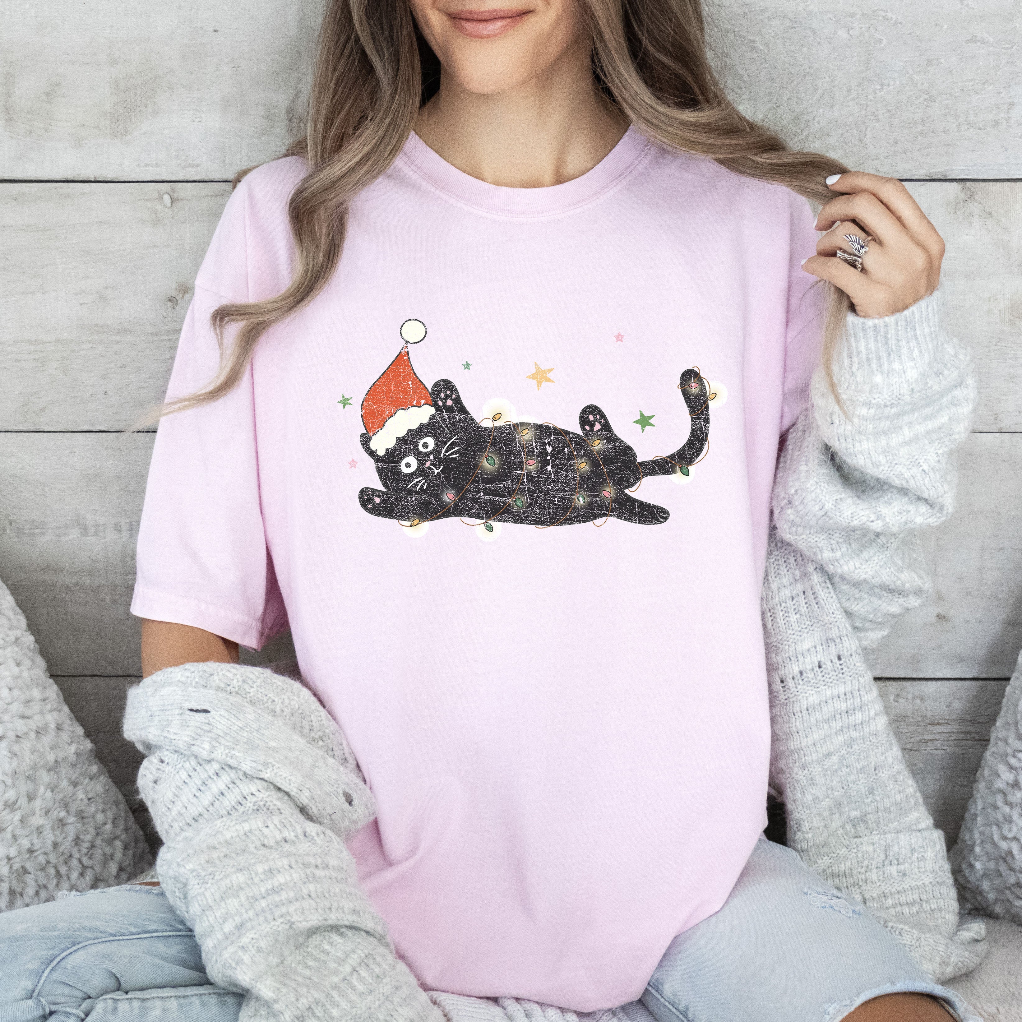 Tangled Black Cat Vintage Christmas Cat Illustration For Cat Lovers Limited Edition Holiday Graphic Comfort Colors Tee
