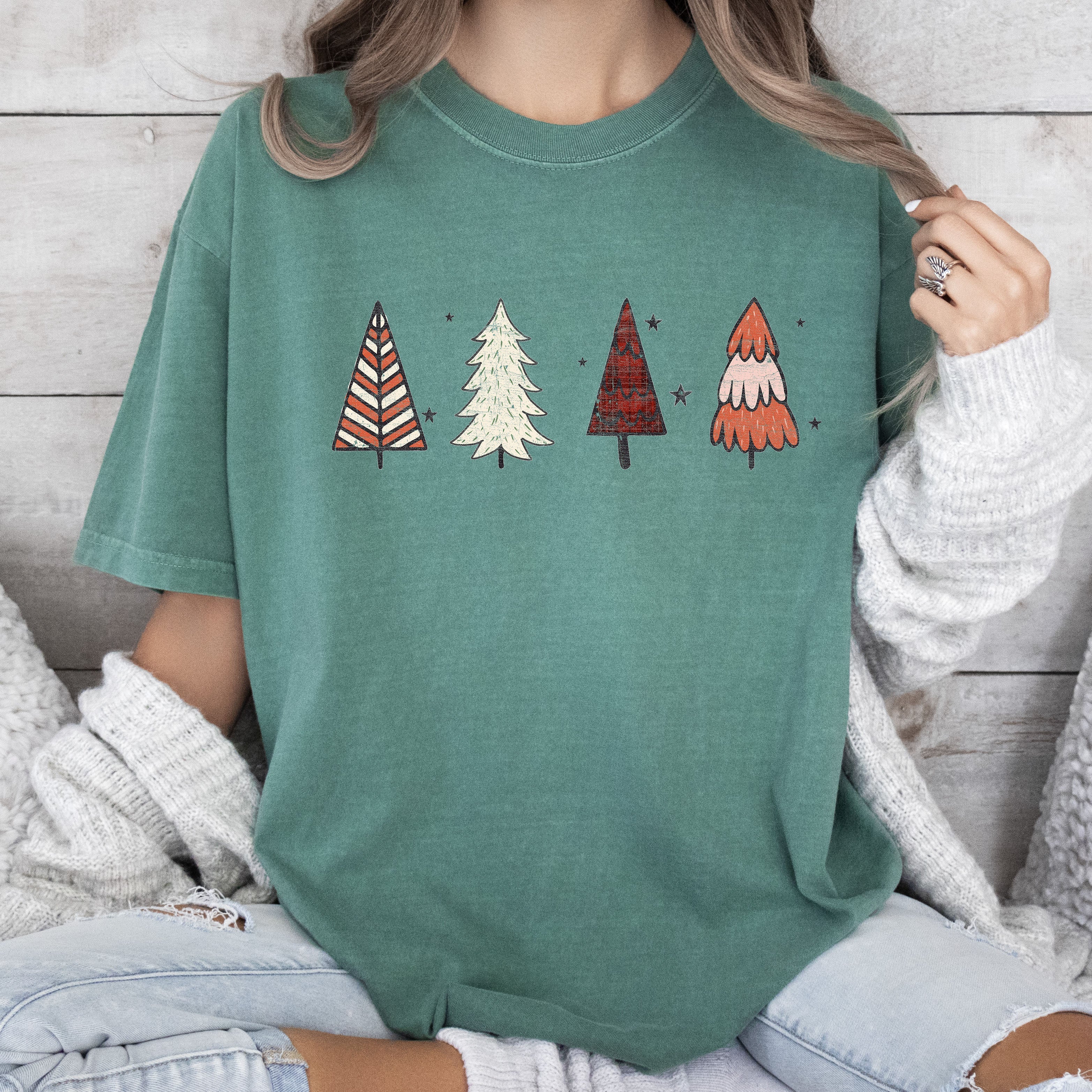 Cute Winter Trees Vintage Christmas Forest Night Scene Graphic Comfort Colors Tee