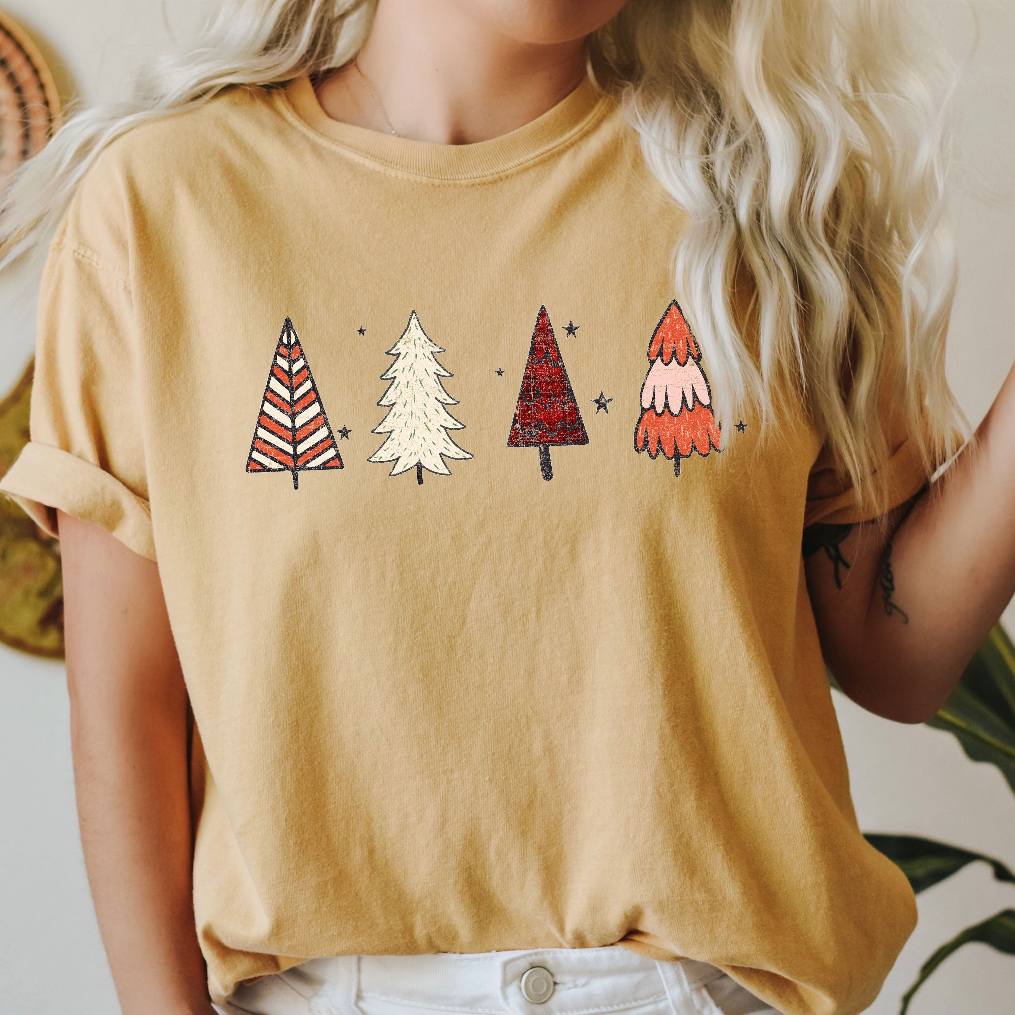 Cute Winter Trees Vintage Christmas Forest Night Scene Graphic Comfort Colors Tee