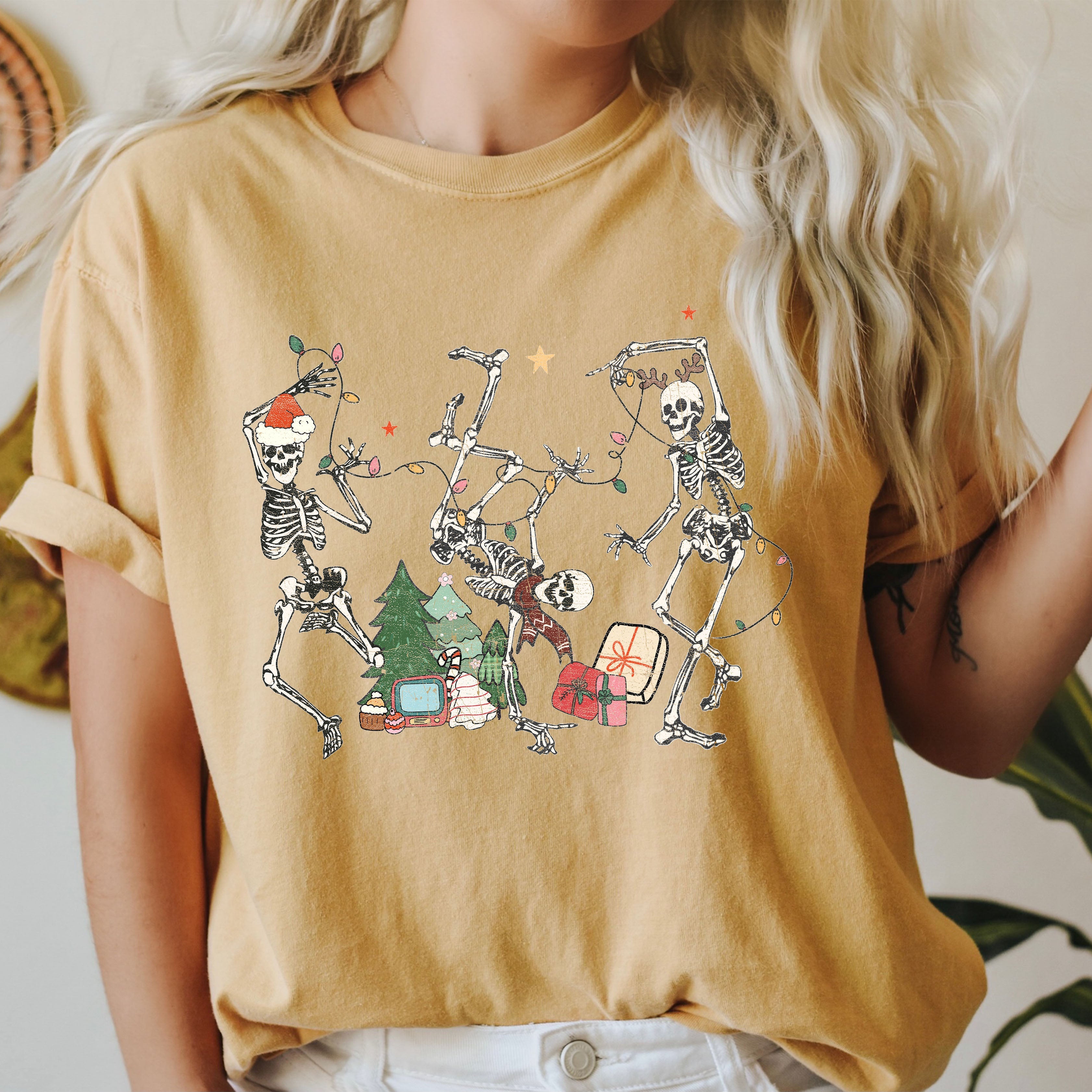 Tangled Skeletons Christmas Vintage Holiday Skull Scene Festive Graphic Comfort Colors Tee