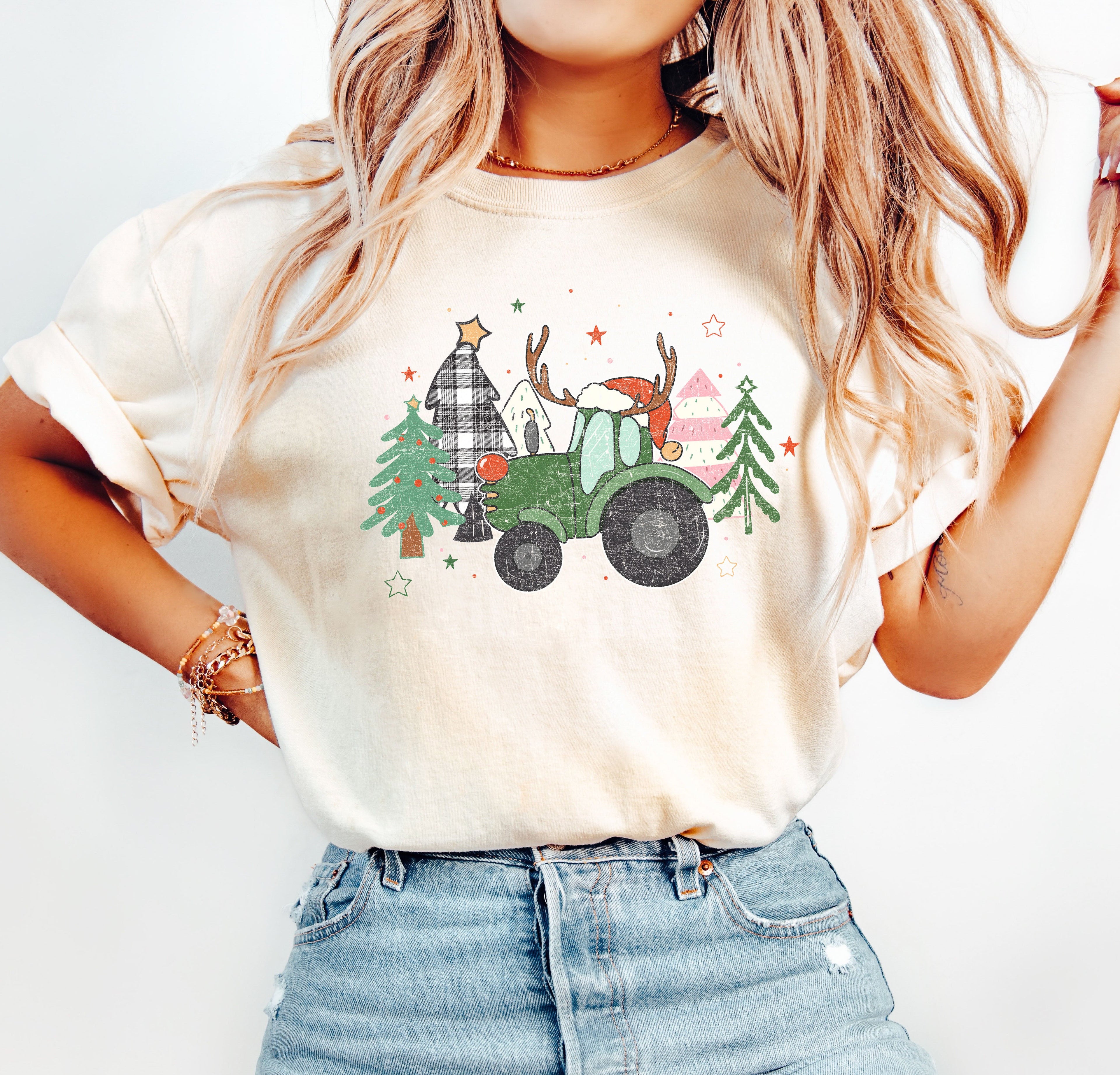 Retro Christmas Truck With Vintage Trees Design And Ornament Motif Artwork Comfort Colors Tee