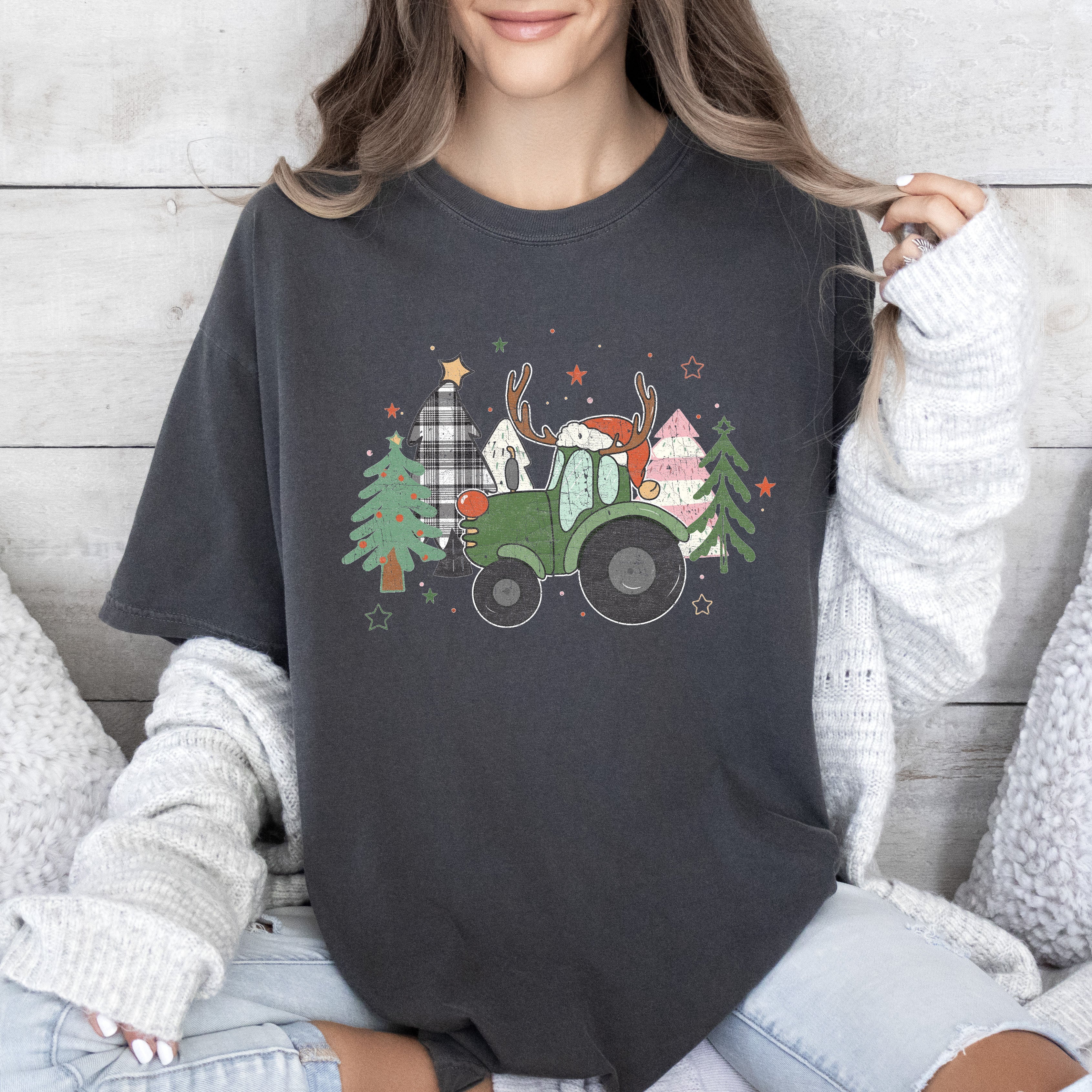 Retro Christmas Truck With Vintage Trees Design And Ornament Motif Artwork Comfort Colors Tee