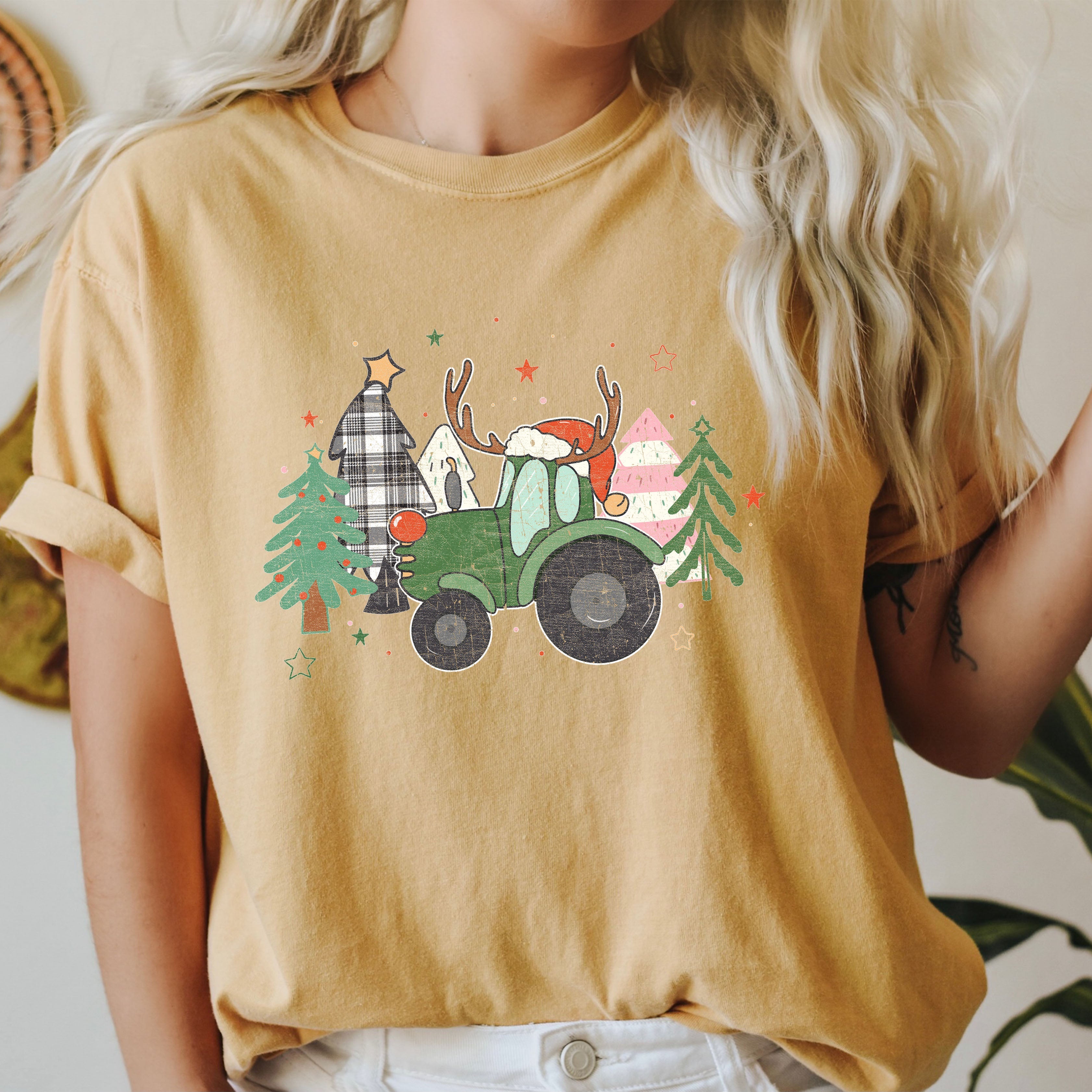 Retro Christmas Truck With Vintage Trees Design And Ornament Motif Artwork Comfort Colors Tee
