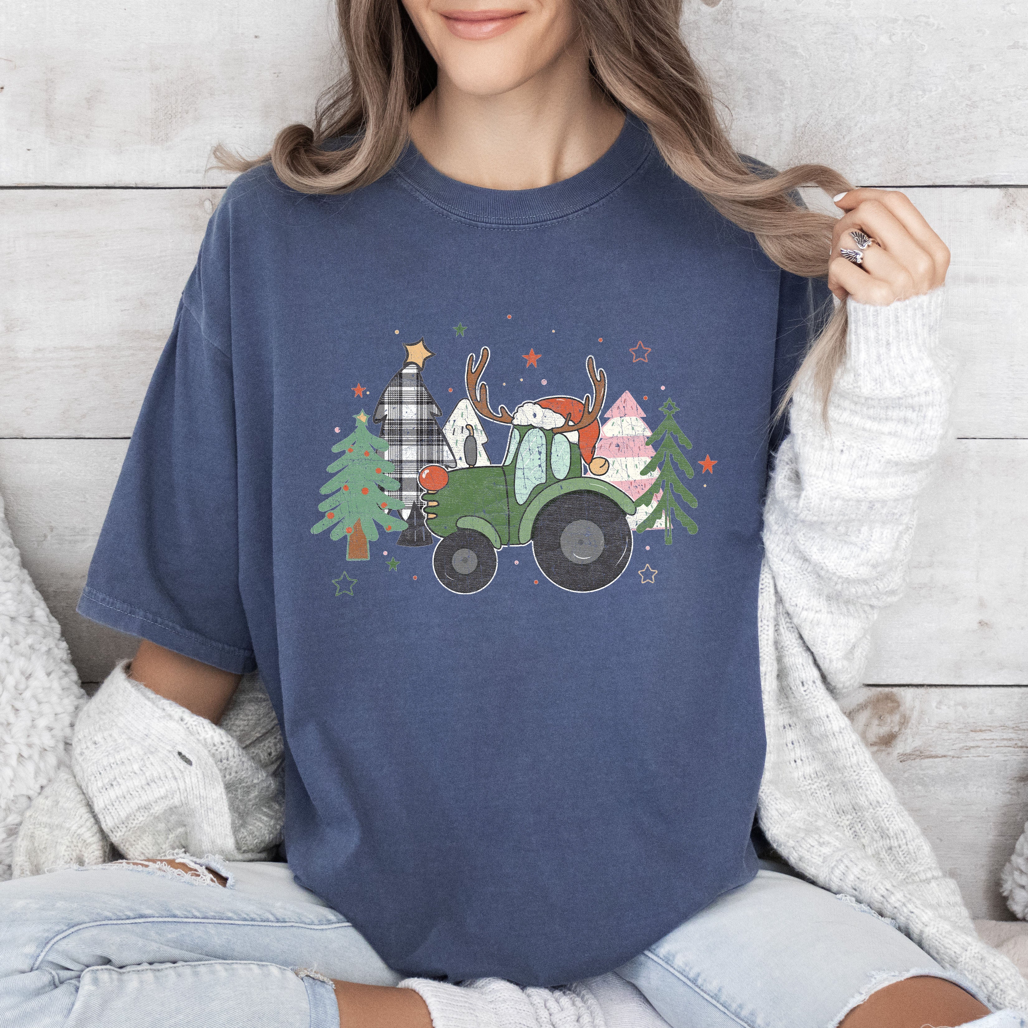 Retro Christmas Truck With Vintage Trees Design And Ornament Motif Artwork Comfort Colors Tee
