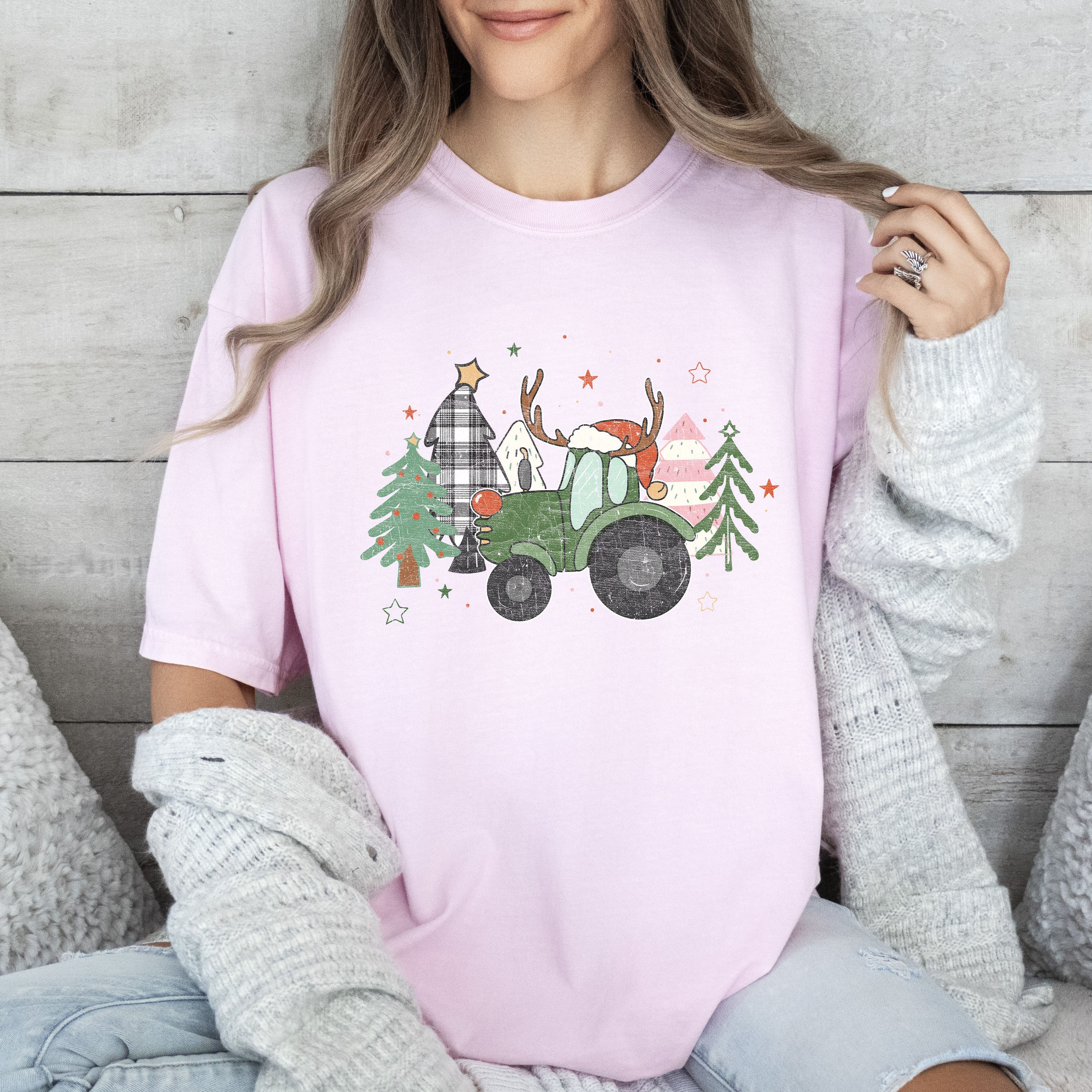 Retro Christmas Truck With Vintage Trees Design And Ornament Motif Artwork Comfort Colors Tee