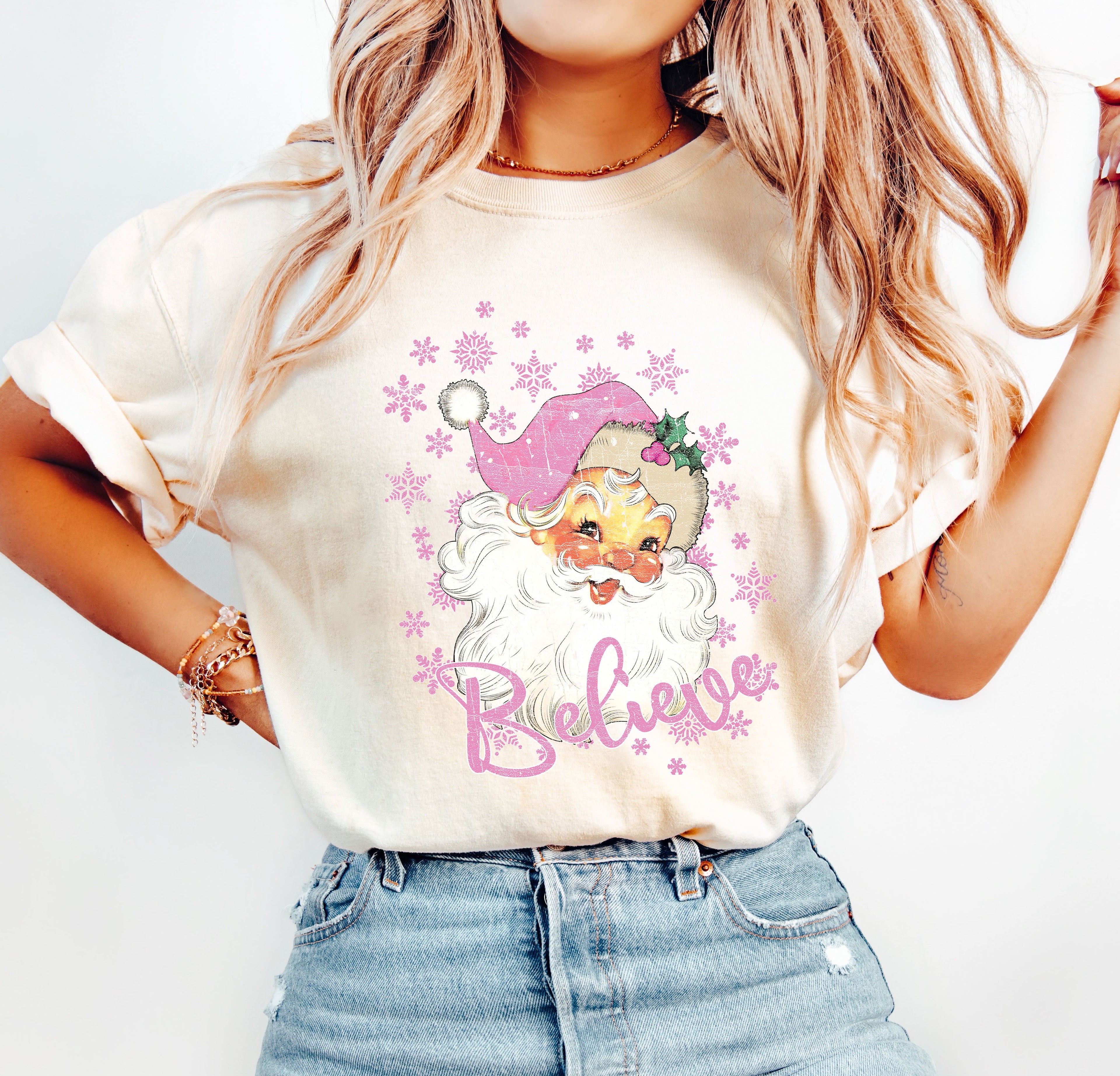 Believe Pink Santa Christmas Vintage Graphic Limited Edition Holiday Comfort Colors Tee