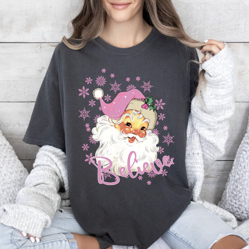 Believe Pink Santa Christmas Vintage Graphic Limited Edition Holiday Comfort Colors Tee