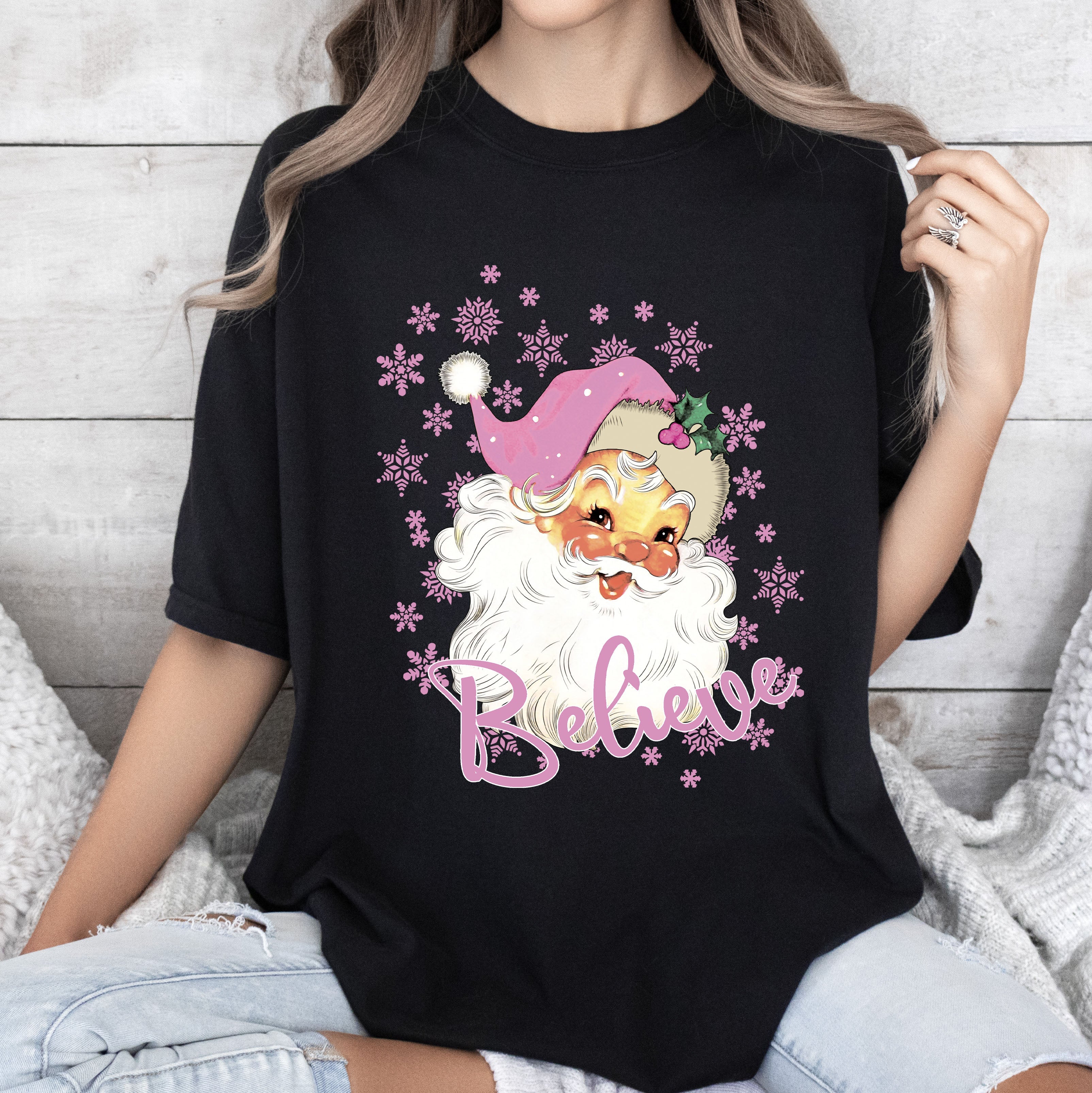 Believe Pink Santa Christmas Vintage Graphic Limited Edition Holiday Comfort Colors Tee
