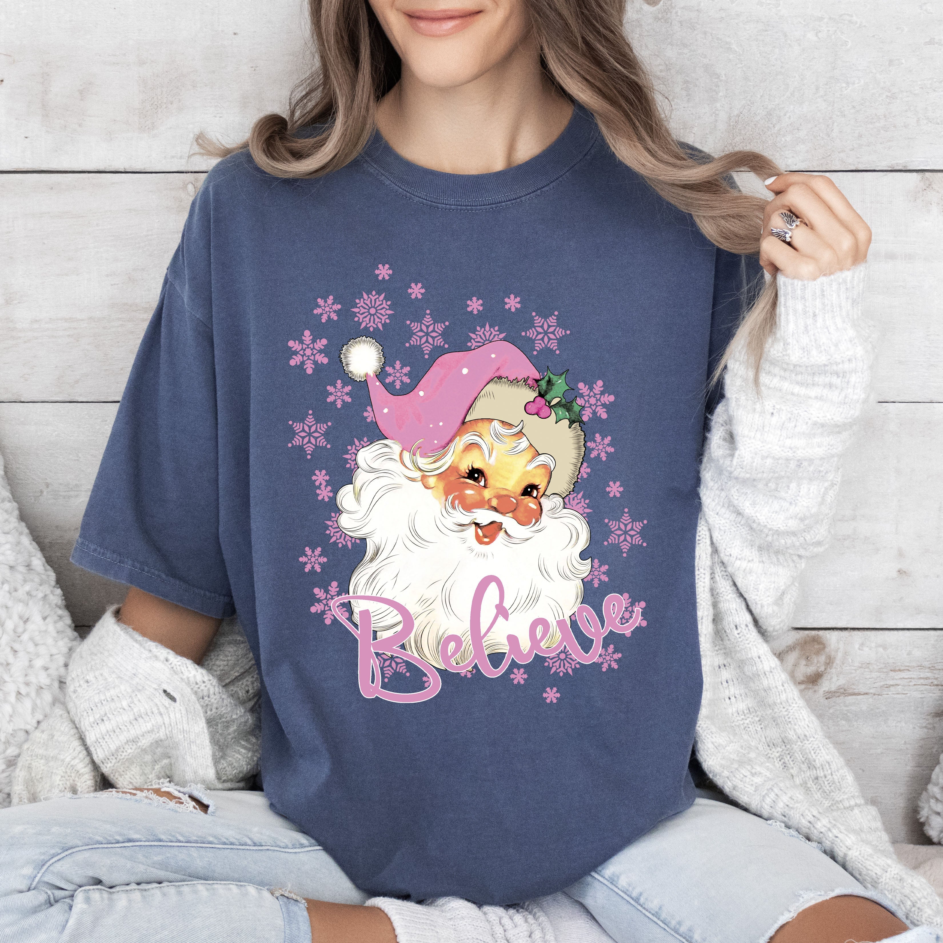 Believe Pink Santa Christmas Vintage Graphic Limited Edition Holiday Comfort Colors Tee