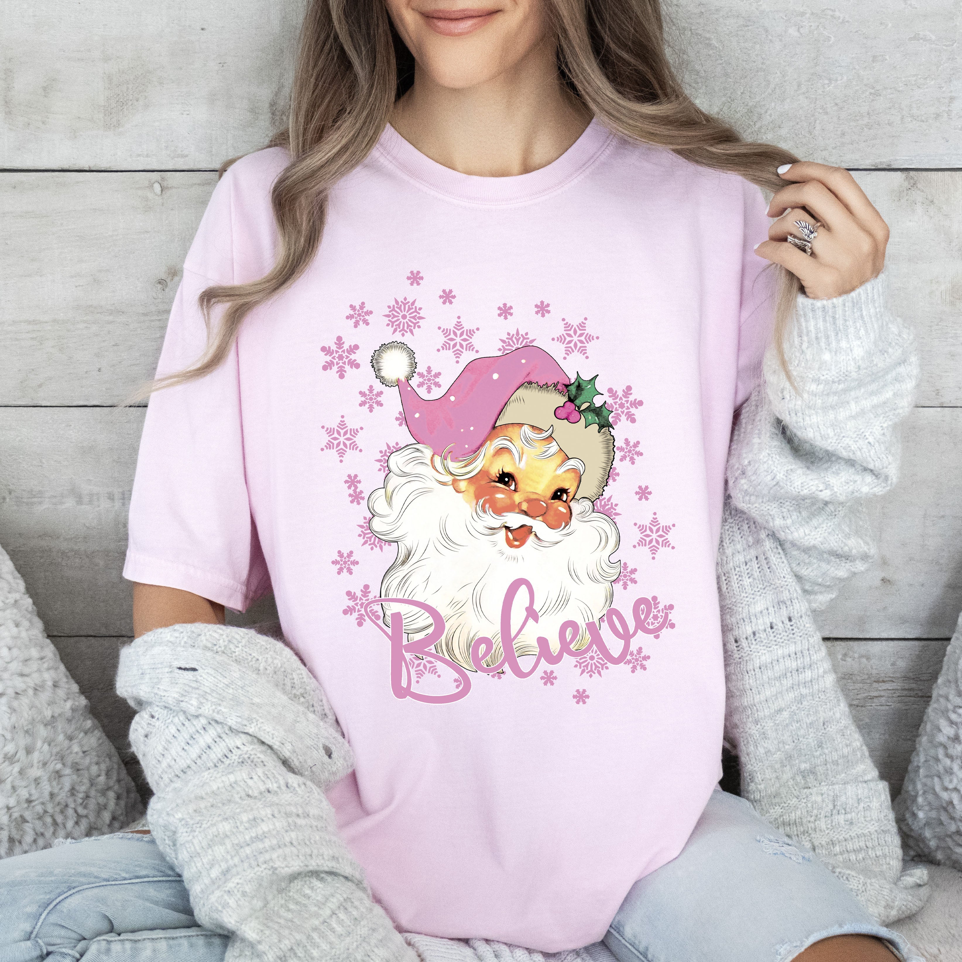 Believe Pink Santa Christmas Vintage Graphic Limited Edition Holiday Comfort Colors Tee