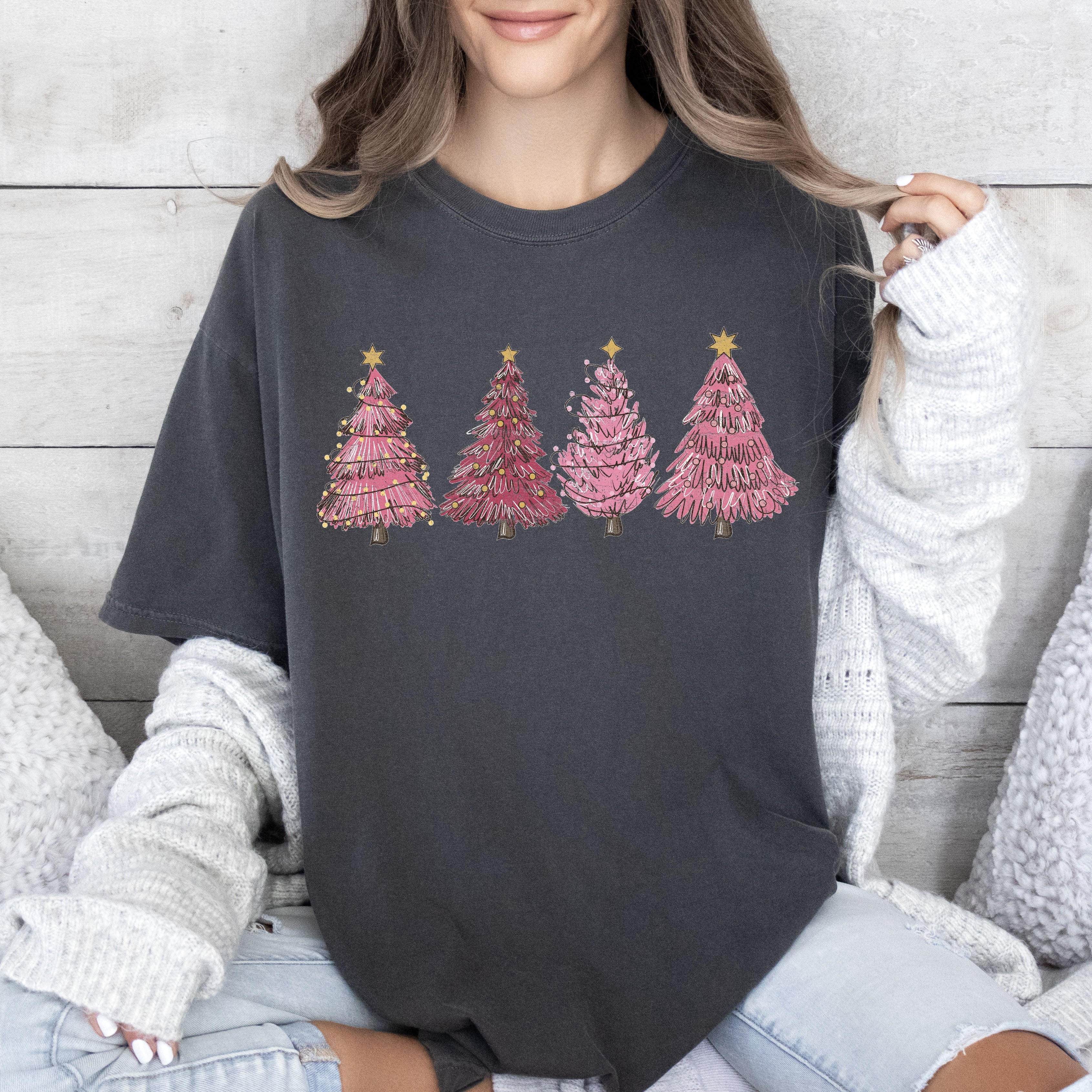 Pink Christmas Trees Vintage Charm Abstract Winter Scene Festive Pines Comfort Colors Tee