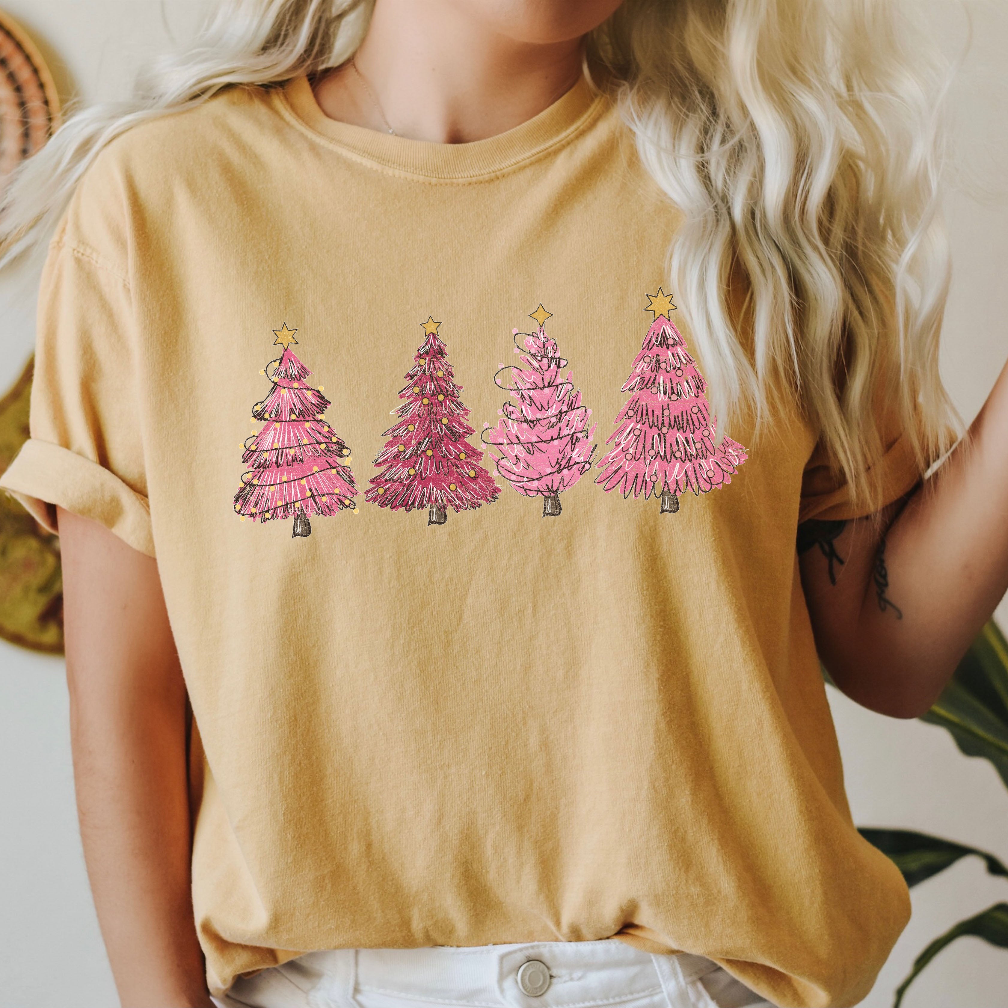 Pink Christmas Trees Vintage Charm Abstract Winter Scene Festive Pines Comfort Colors Tee