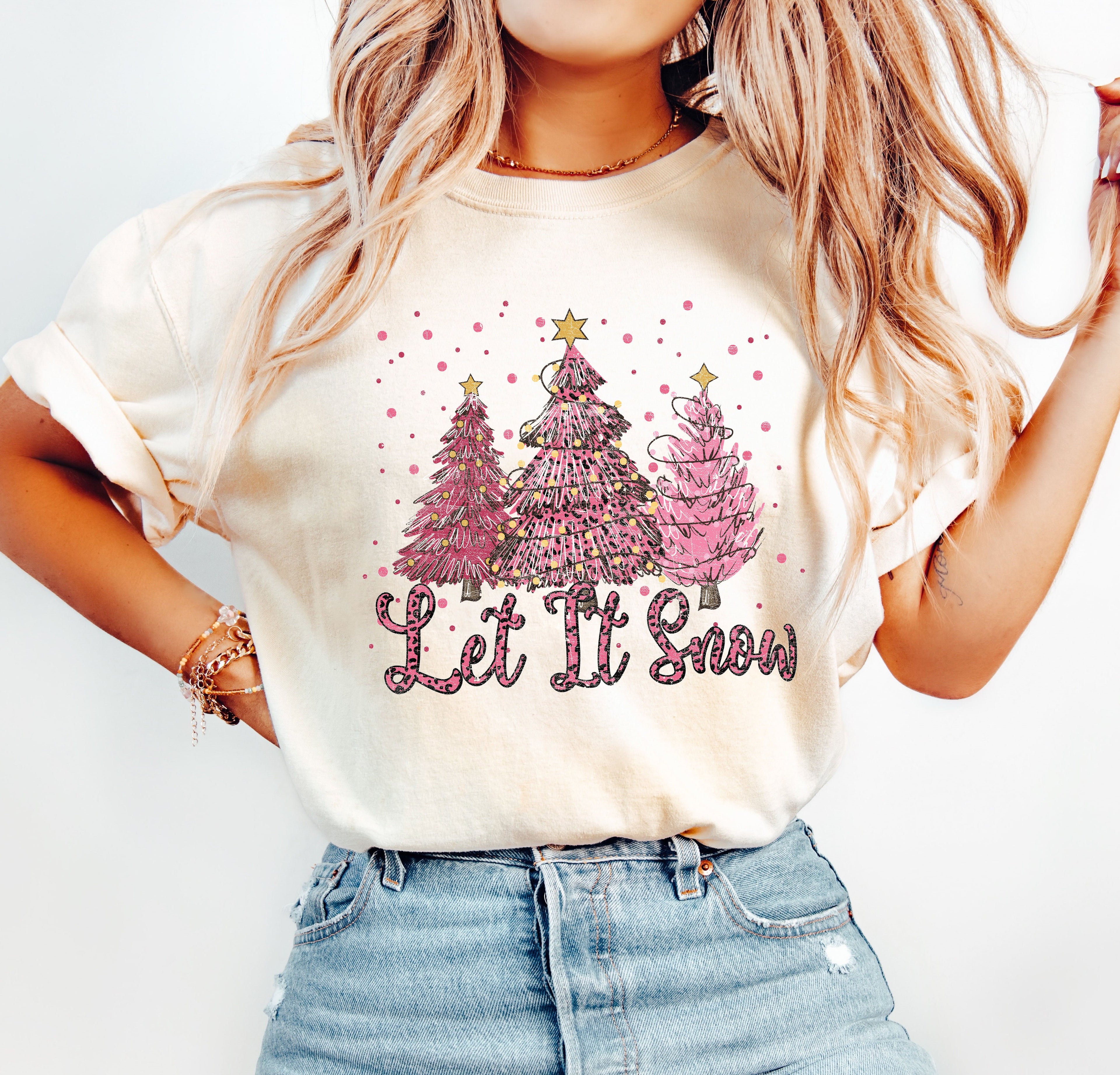 Let It Snow Pink Christmas Trees Vintage Edition Festive Holiday Graphic Comfort Colors Tee