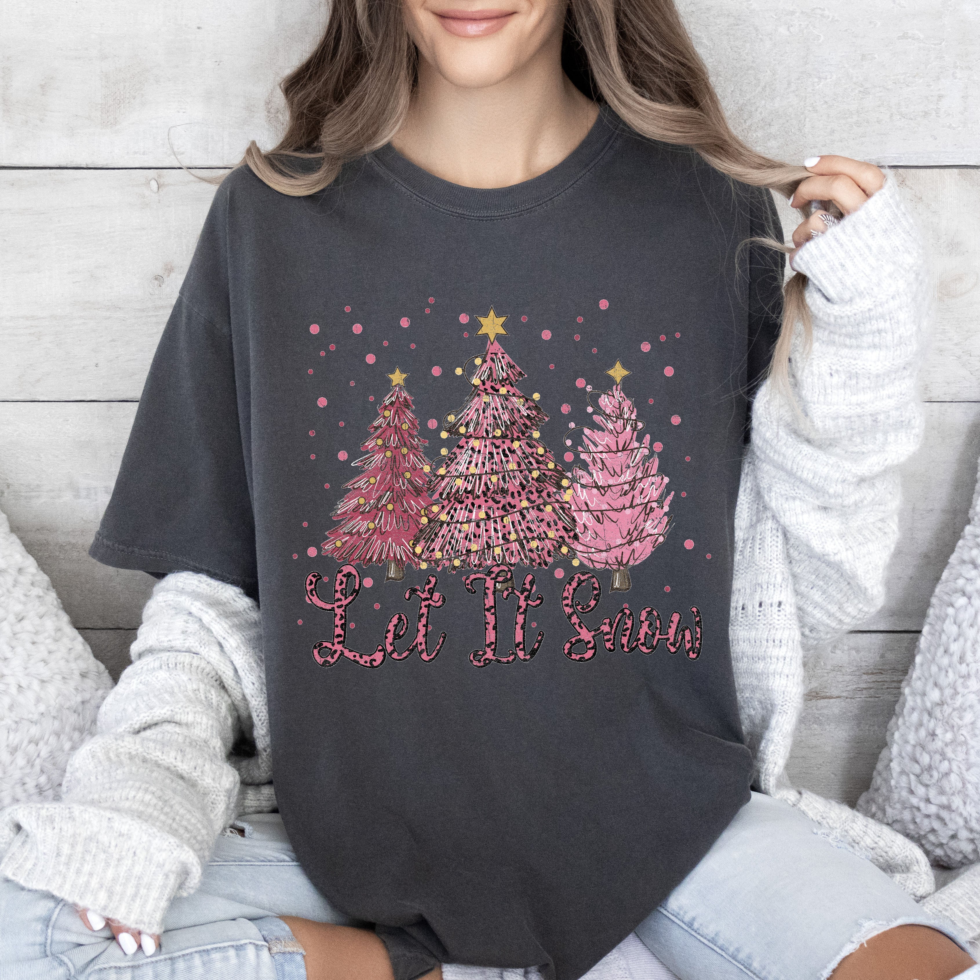 Let It Snow Pink Christmas Trees Vintage Edition Festive Holiday Graphic Comfort Colors Tee