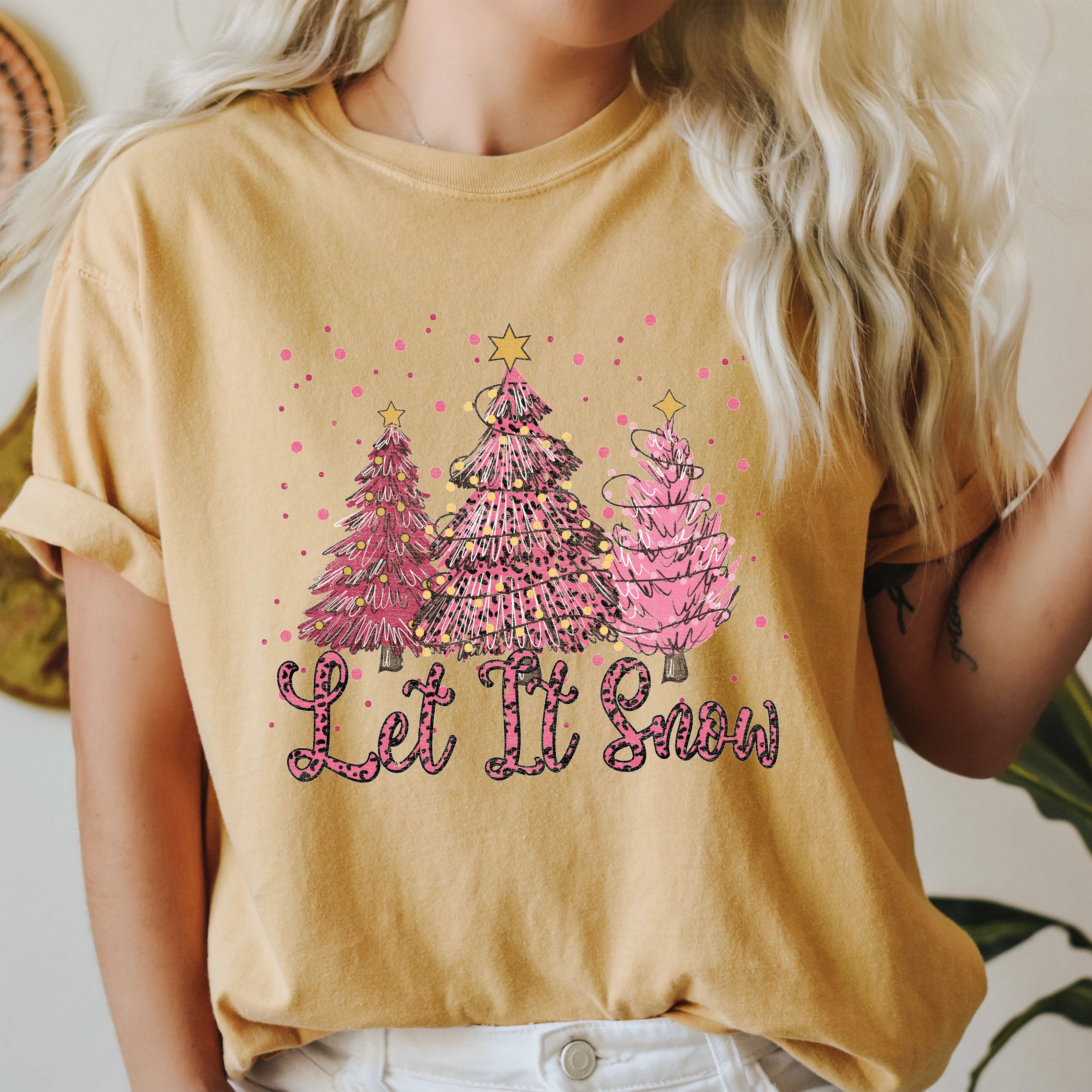 Let It Snow Pink Christmas Trees Vintage Edition Festive Holiday Graphic Comfort Colors Tee