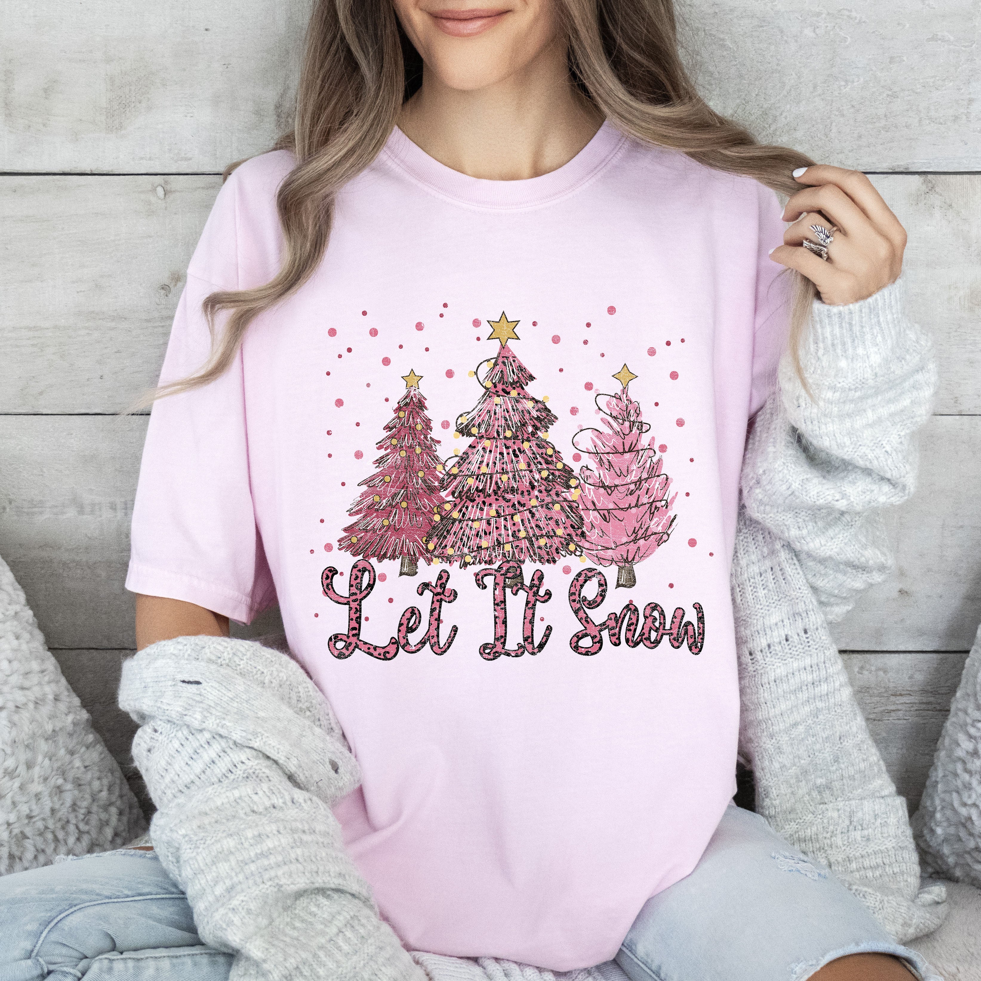 Let It Snow Pink Christmas Trees Vintage Edition Festive Holiday Graphic Comfort Colors Tee